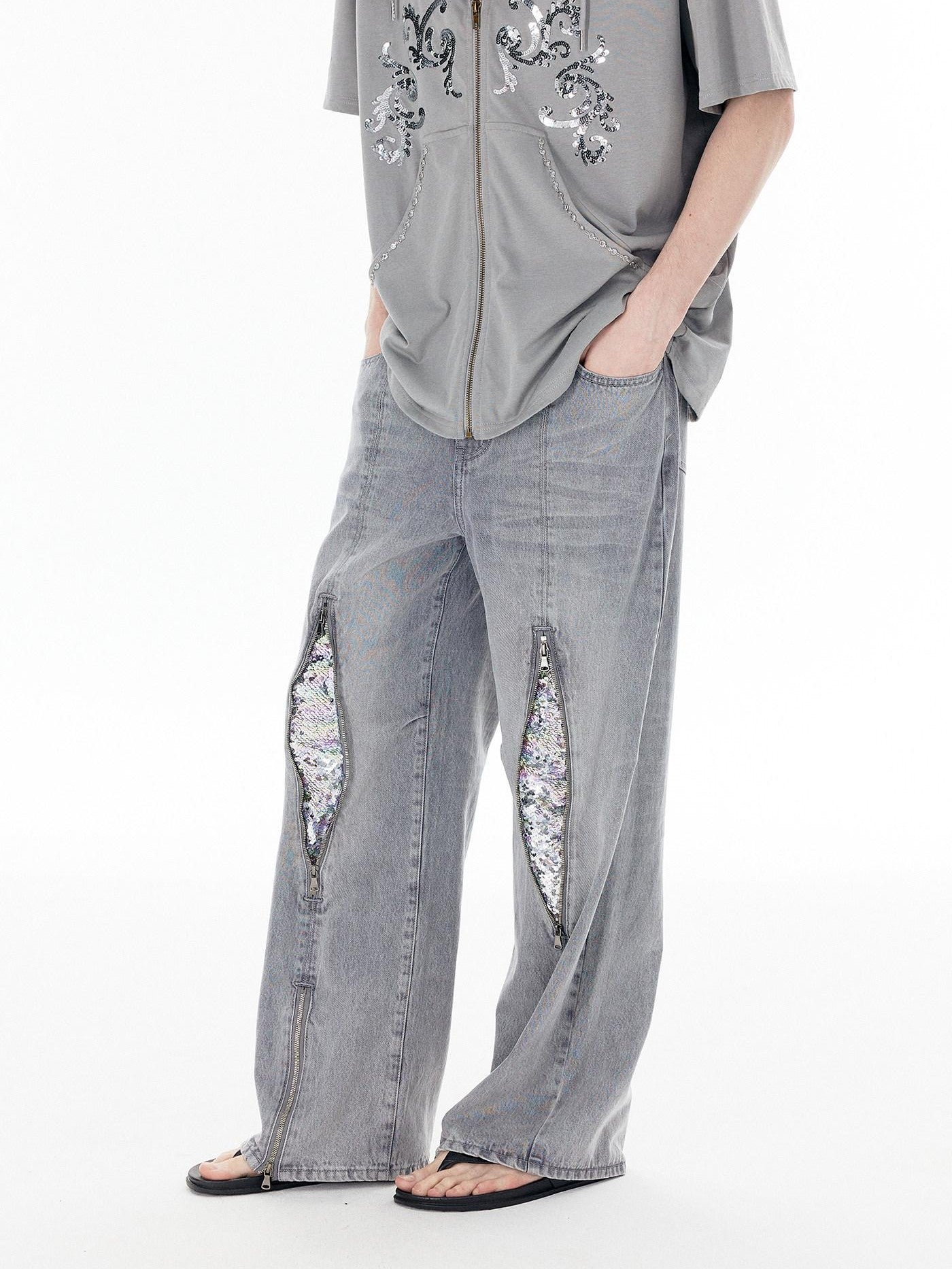 APRIORITY Silver Firework Print Relaxed High Waist Women's Cotton Denim Straight-leg Jeans