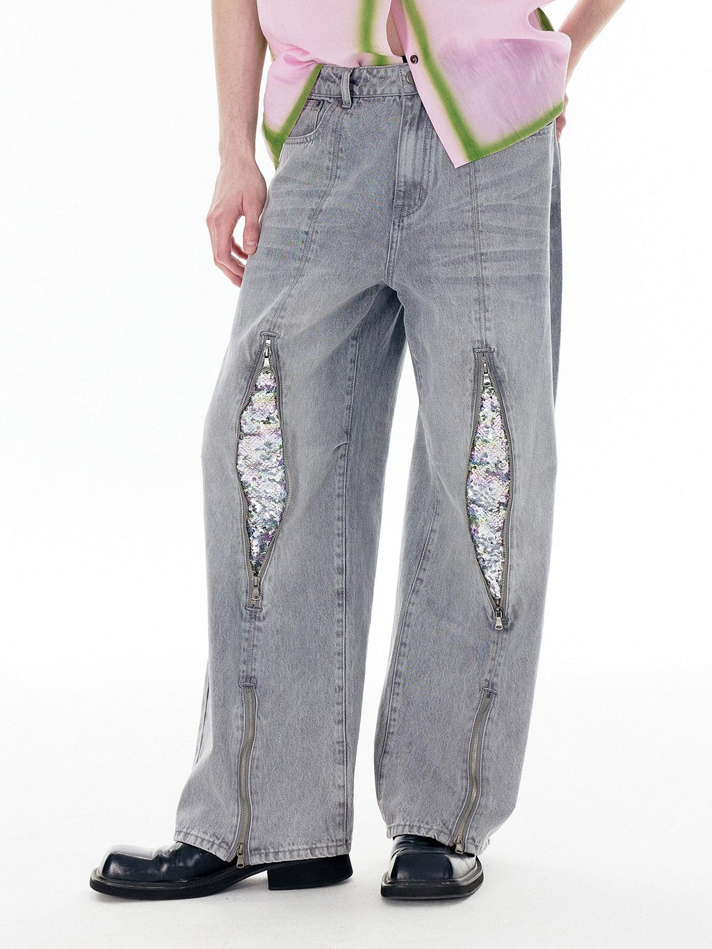 APRIORITY Silver Firework Print Relaxed High Waist Women's Cotton Denim Straight-leg Jeans