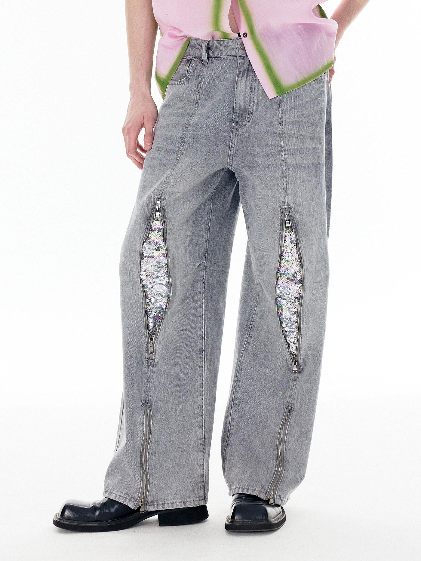APRIORITY Silver Firework Print Relaxed High Waist Women's Cotton Denim Straight-leg Jeans