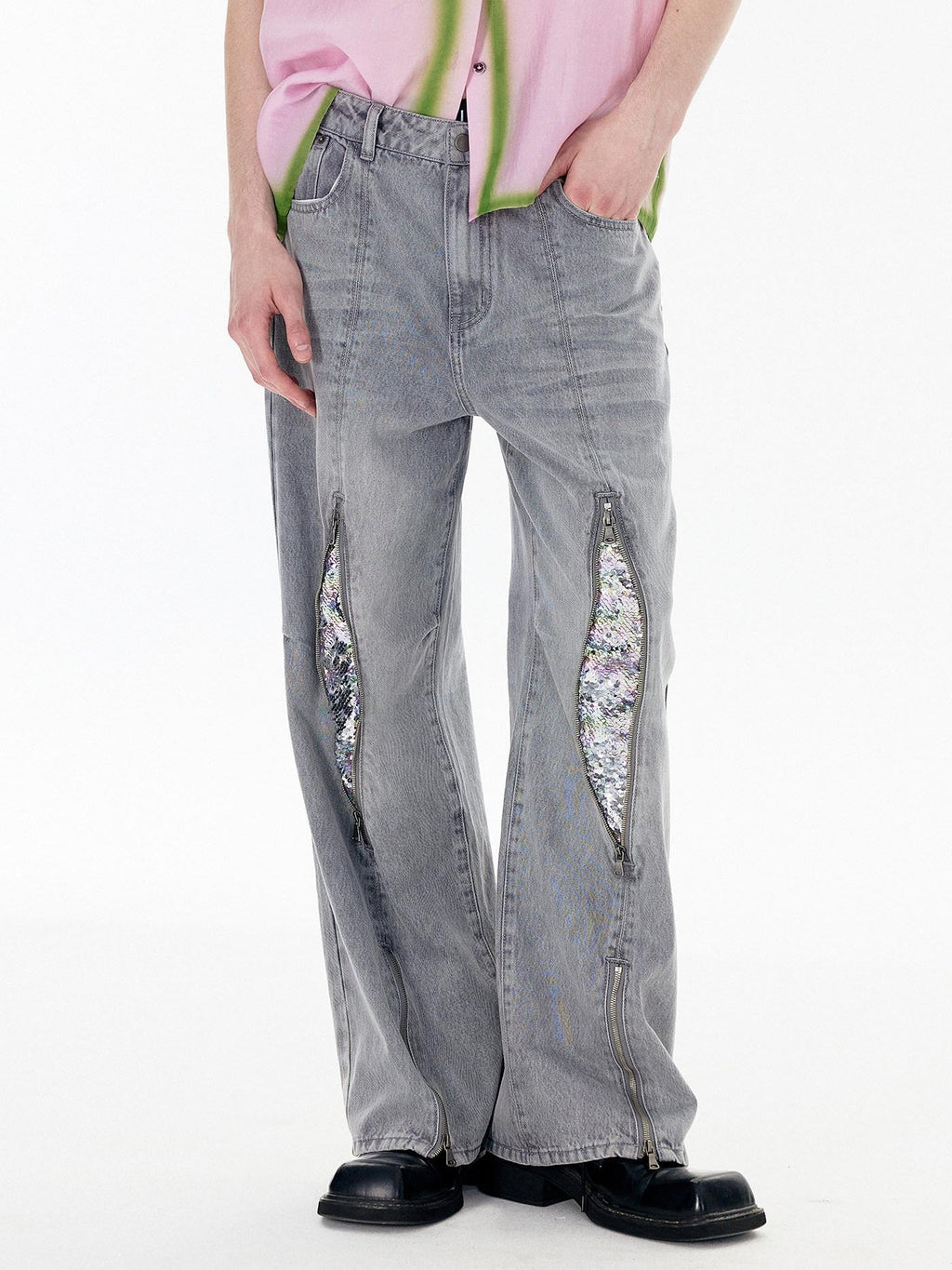 APRIORITY Silver Firework Print Relaxed High Waist Women's Cotton Denim Straight-leg Jeans
