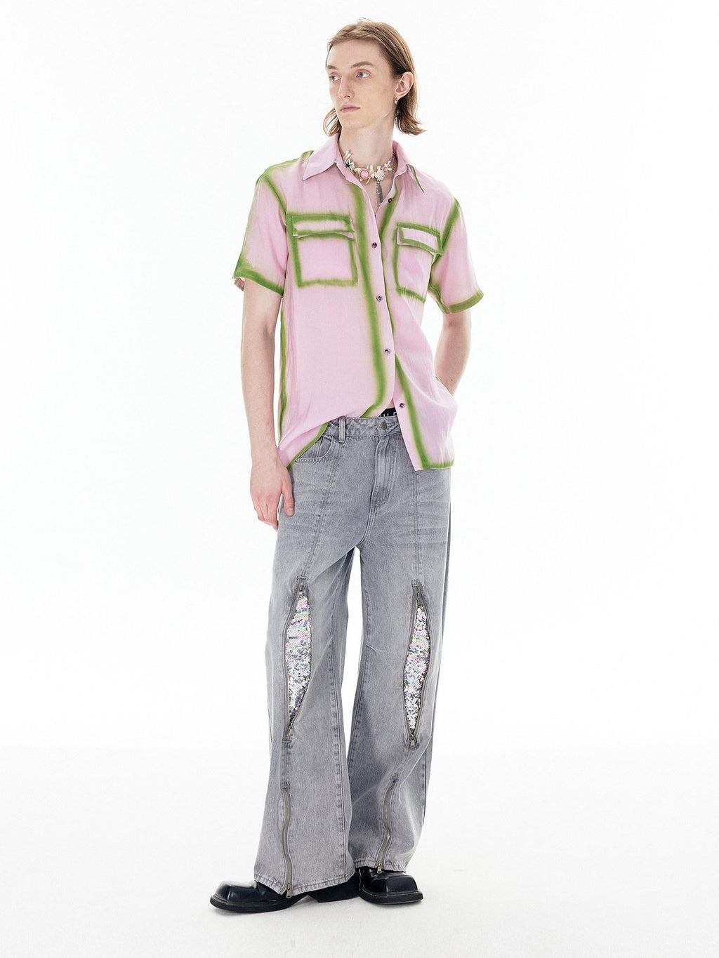 APRIORITY Silver Firework Print Relaxed High Waist Women's Cotton Denim Straight-leg Jeans