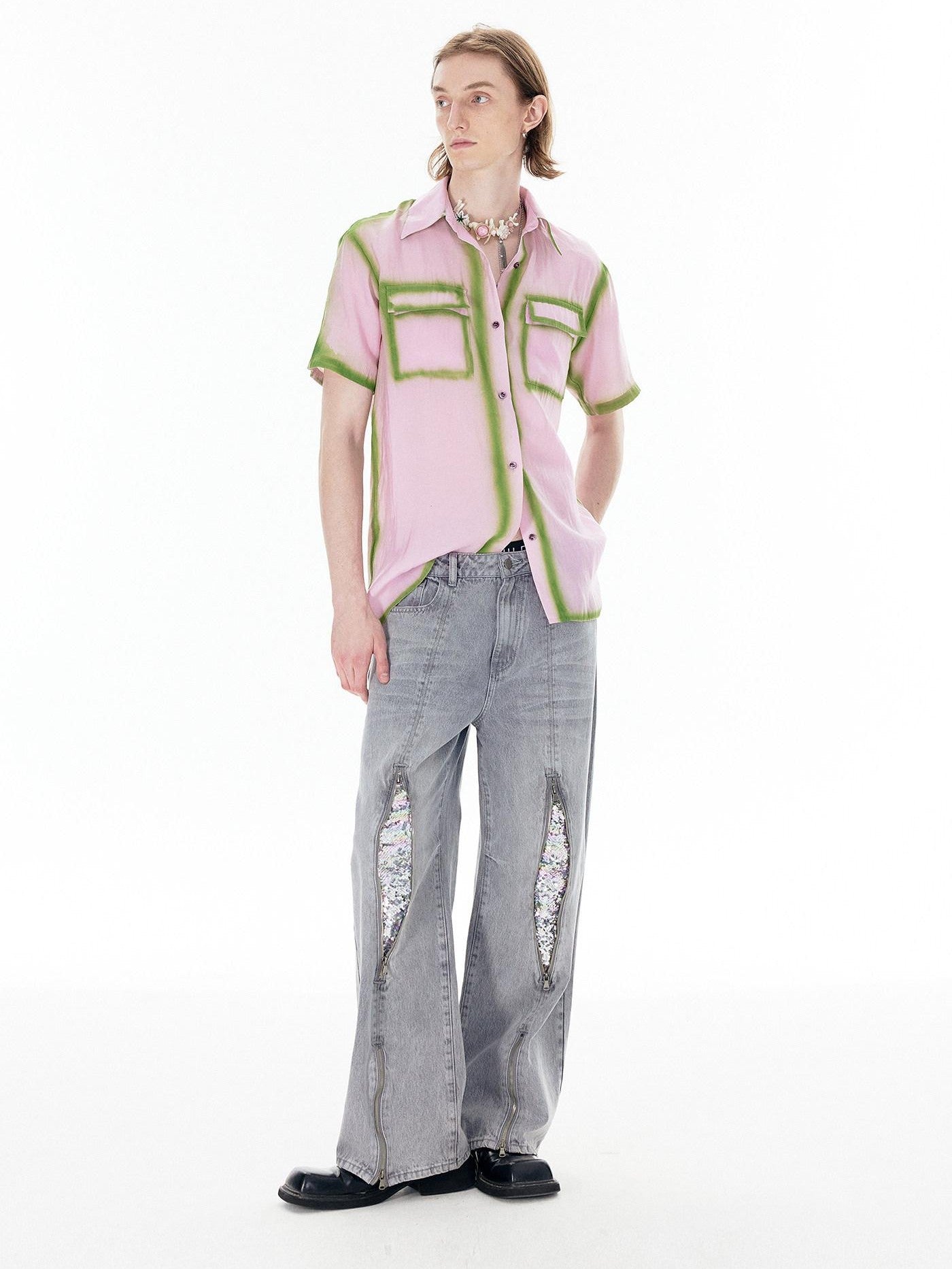 APRIORITY Silver Firework Print Relaxed High Waist Women's Cotton Denim Straight-leg Jeans
