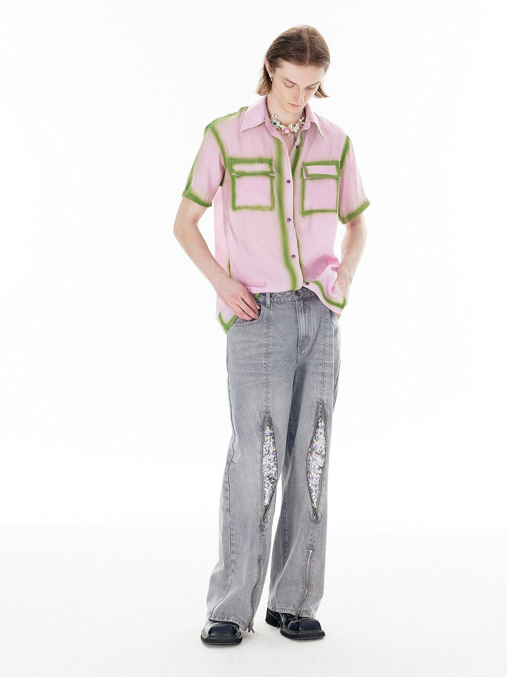 APRIORITY Silver Firework Print Relaxed High Waist Women's Cotton Denim Straight-leg Jeans