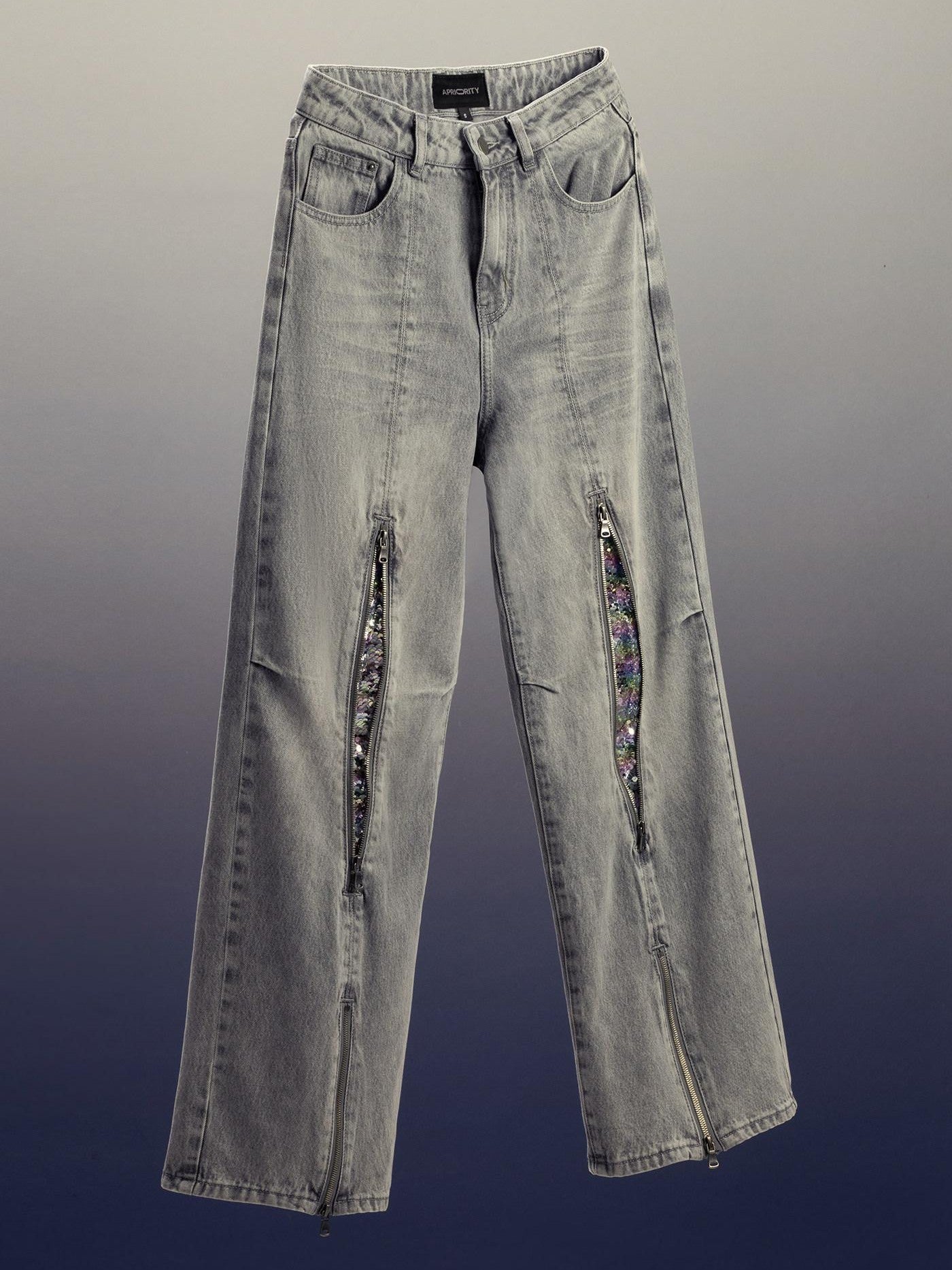 APRIORITY Silver Firework Print Relaxed High Waist Women's Cotton Denim Straight-leg Jeans