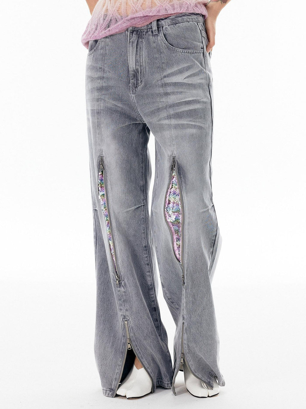 APRIORITY Silver Firework Print Relaxed High Waist Women's Cotton Denim Straight-leg Jeans