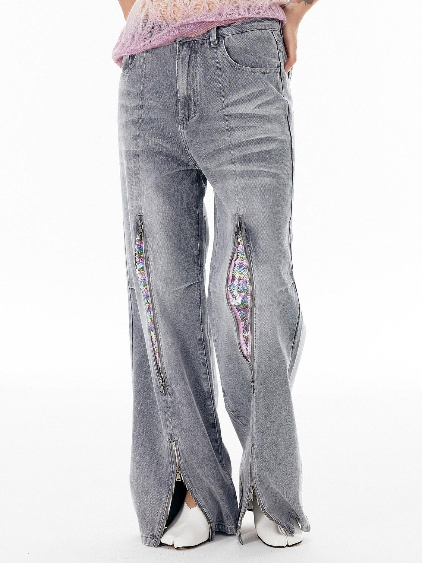 APRIORITY Silver Firework Print Relaxed High Waist Women's Cotton Denim Straight-leg Jeans