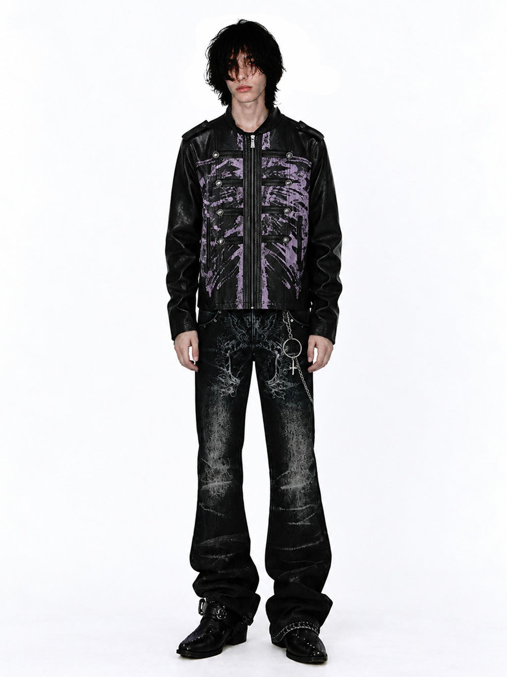 APRIORITY Skeleton Print Distressed Zip Cuff Slim Napoleon Women's Pu Leather Jackets