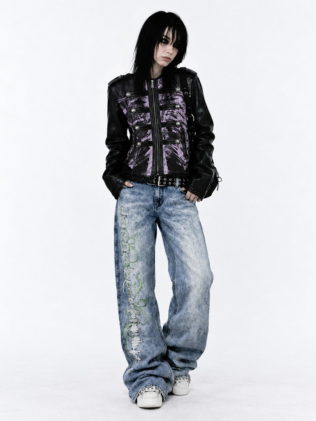 APRIORITY Skeleton Print Distressed Zip Cuff Slim Napoleon Women's Pu Leather Jackets