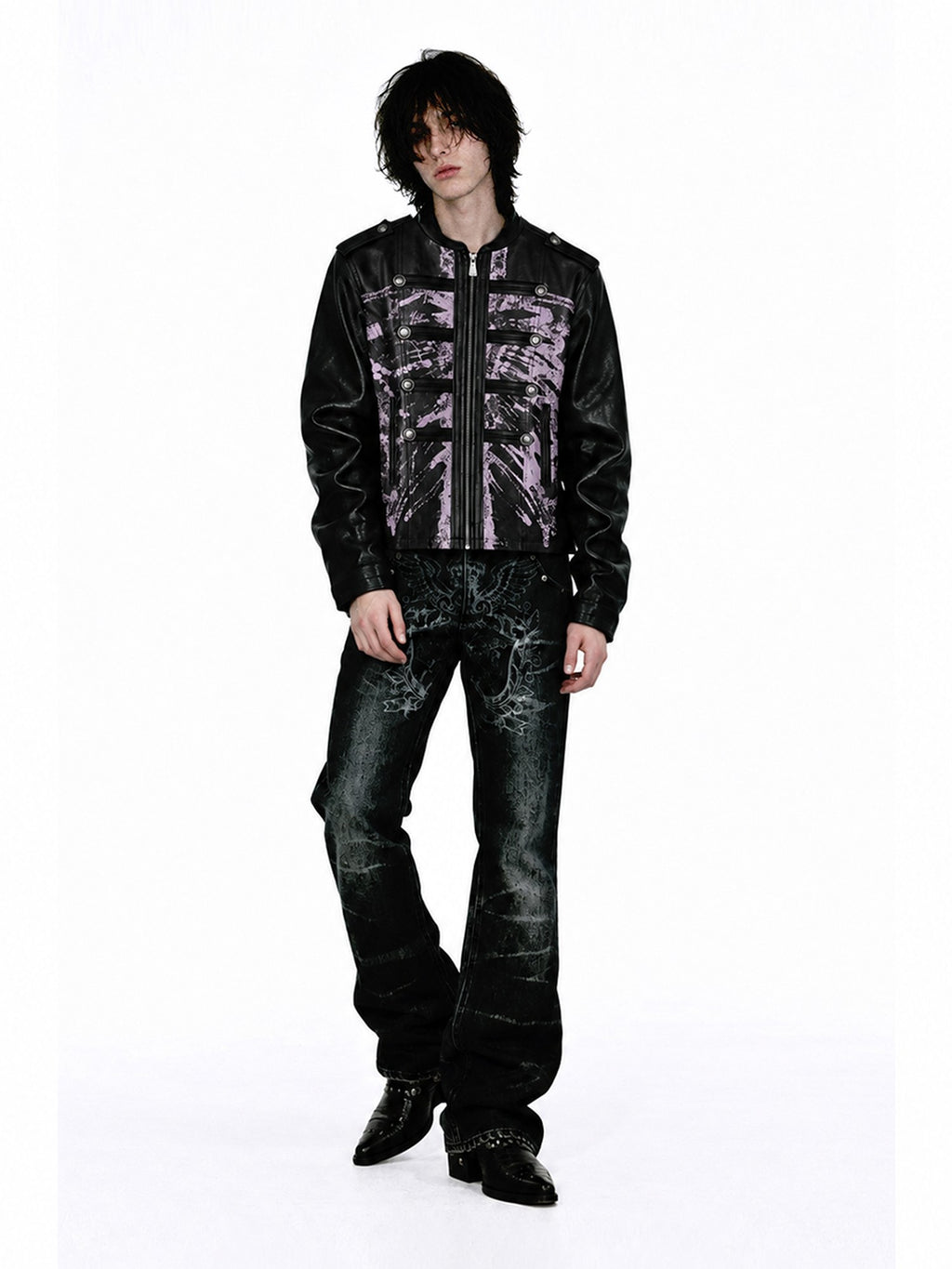 APRIORITY Skeleton Print Distressed Zip Cuff Slim Napoleon Women's Pu Leather Jackets