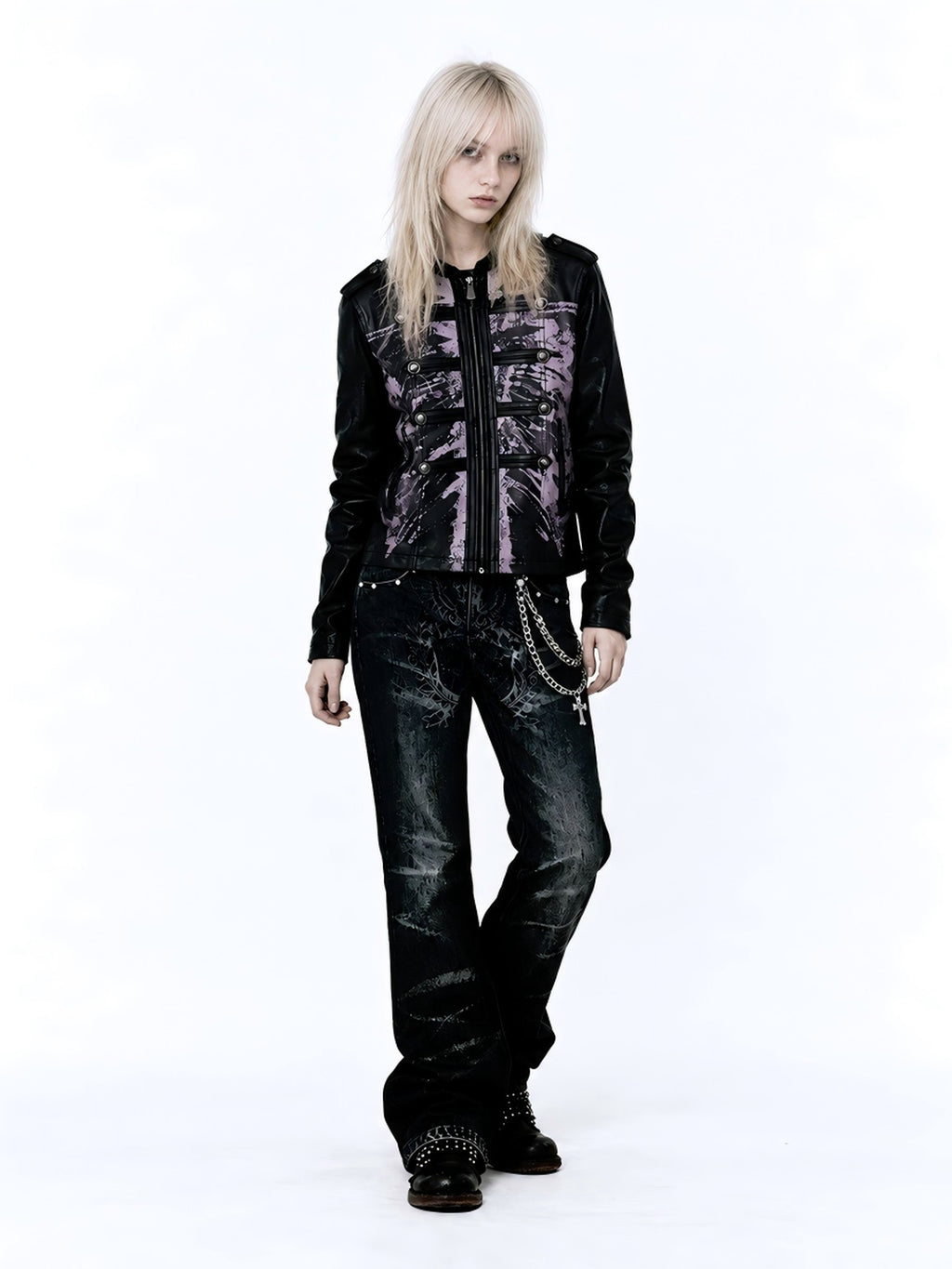 APRIORITY Skeleton Print Distressed Zip Cuff Slim Napoleon Women's Pu Leather Jackets