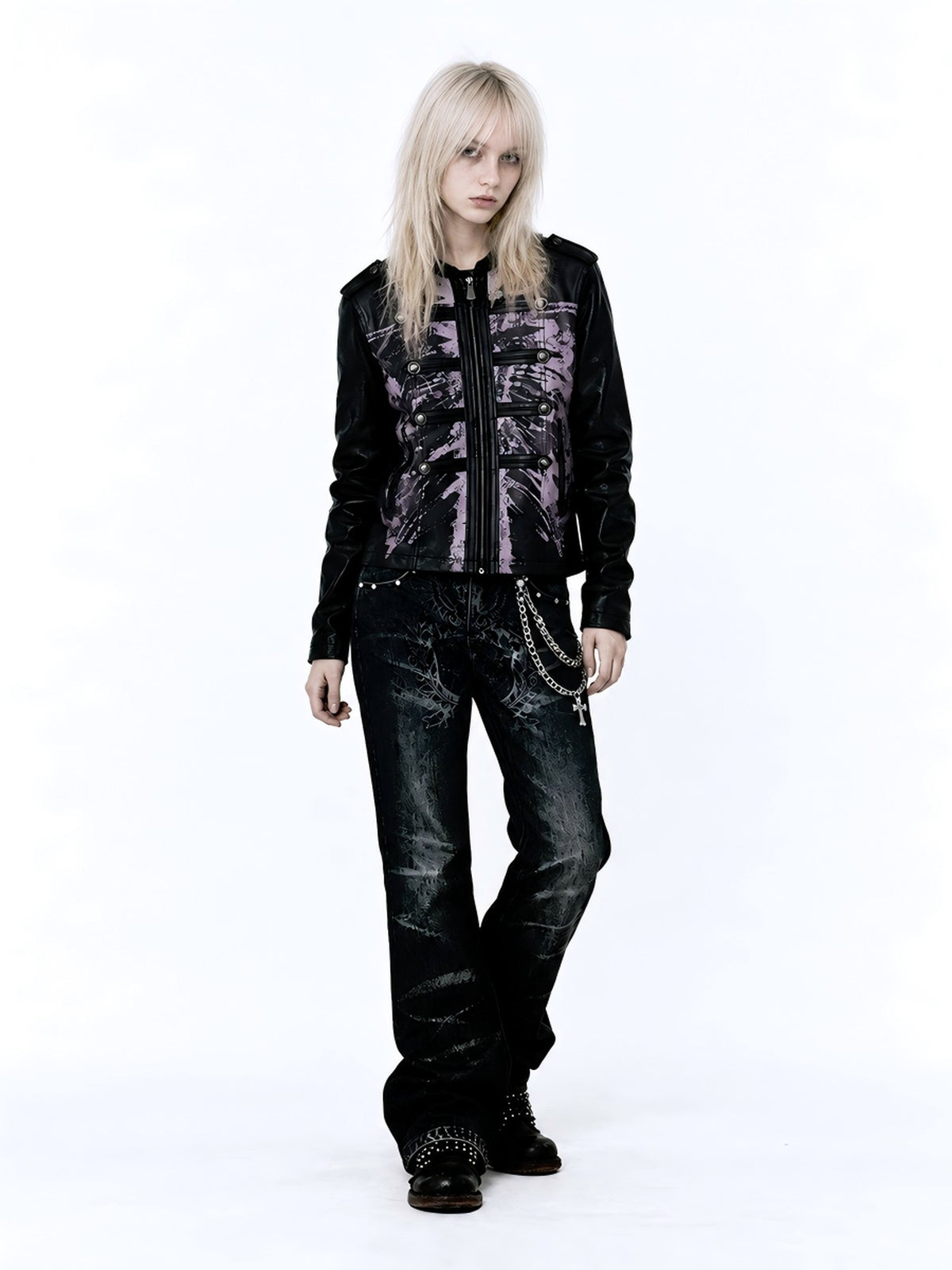 APRIORITY Skeleton Print Distressed Zip Cuff Slim Napoleon Women's Pu Leather Jackets