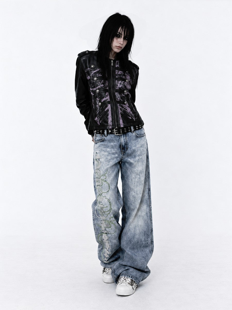 APRIORITY Skeleton Print Distressed Zip Cuff Slim Napoleon Women's Pu Leather Jackets