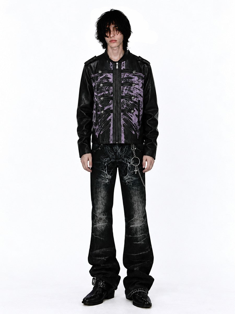 APRIORITY Skeleton Print Distressed Zip Cuff Slim Napoleon Women's Pu Leather Jackets