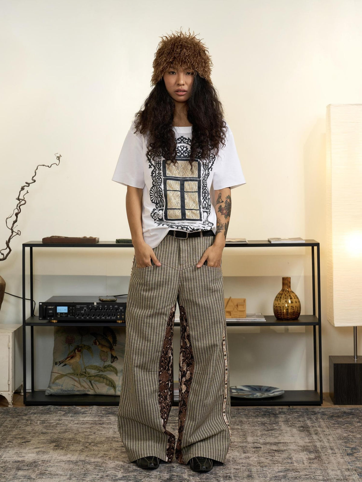 APRIORITY Snake Print Embroidered Striped Womens Straight-leg Pants