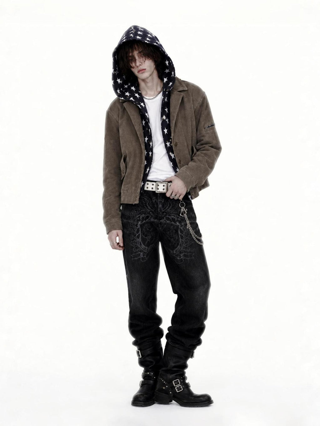APRIORITY Spliced Star Print Hooded High Neck Women's Canvas Utility Jackets