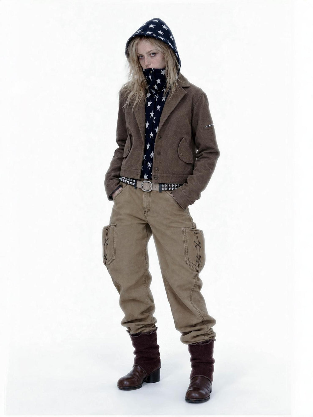 APRIORITY Spliced Star Print Hooded High Neck Women's Canvas Utility Jackets