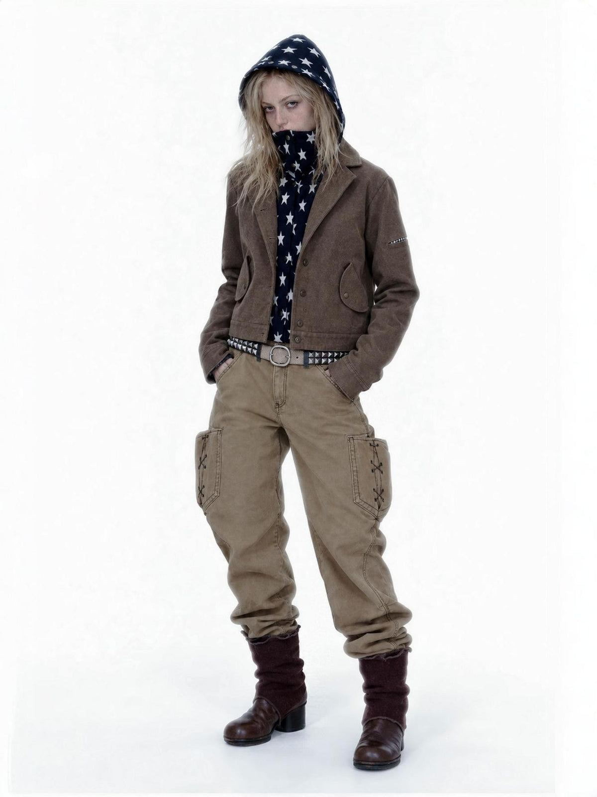 APRIORITY Spliced Star Print Hooded High Neck Women's Canvas Utility Jackets