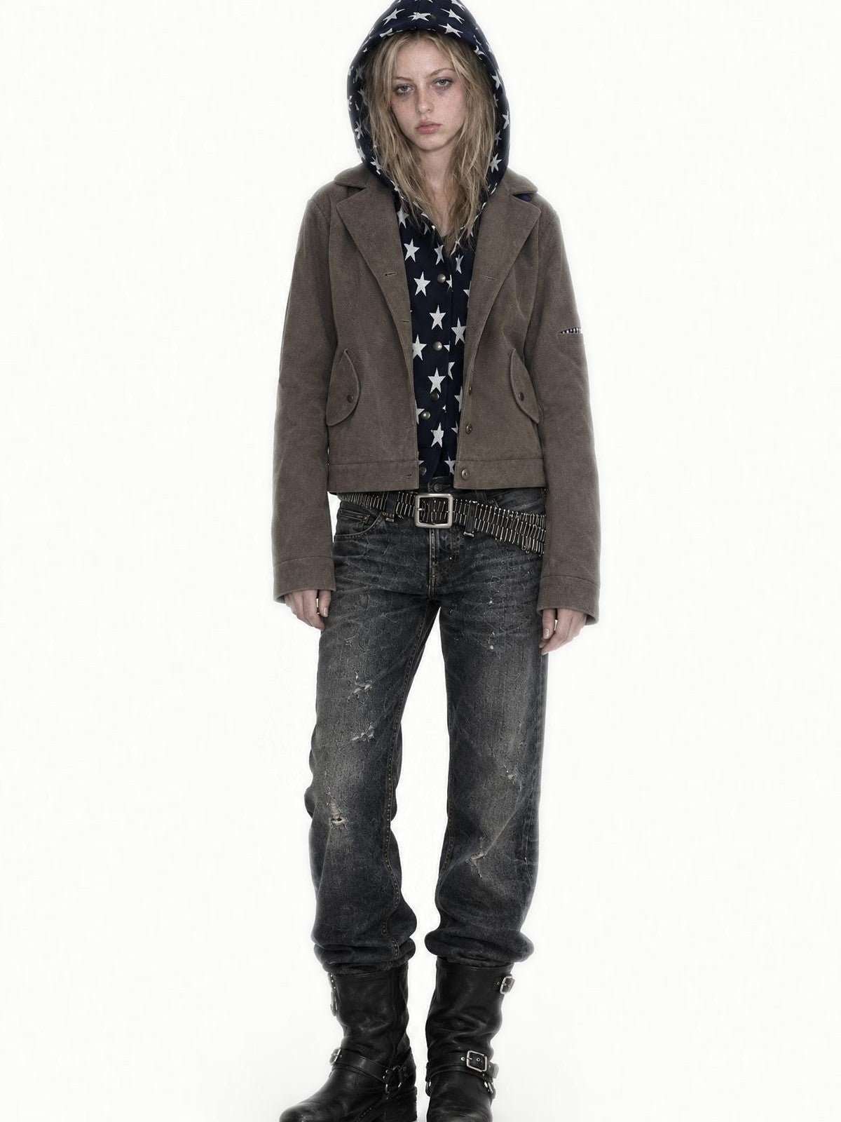 APRIORITY Spliced Star Print Hooded High Neck Women's Canvas Utility Jackets