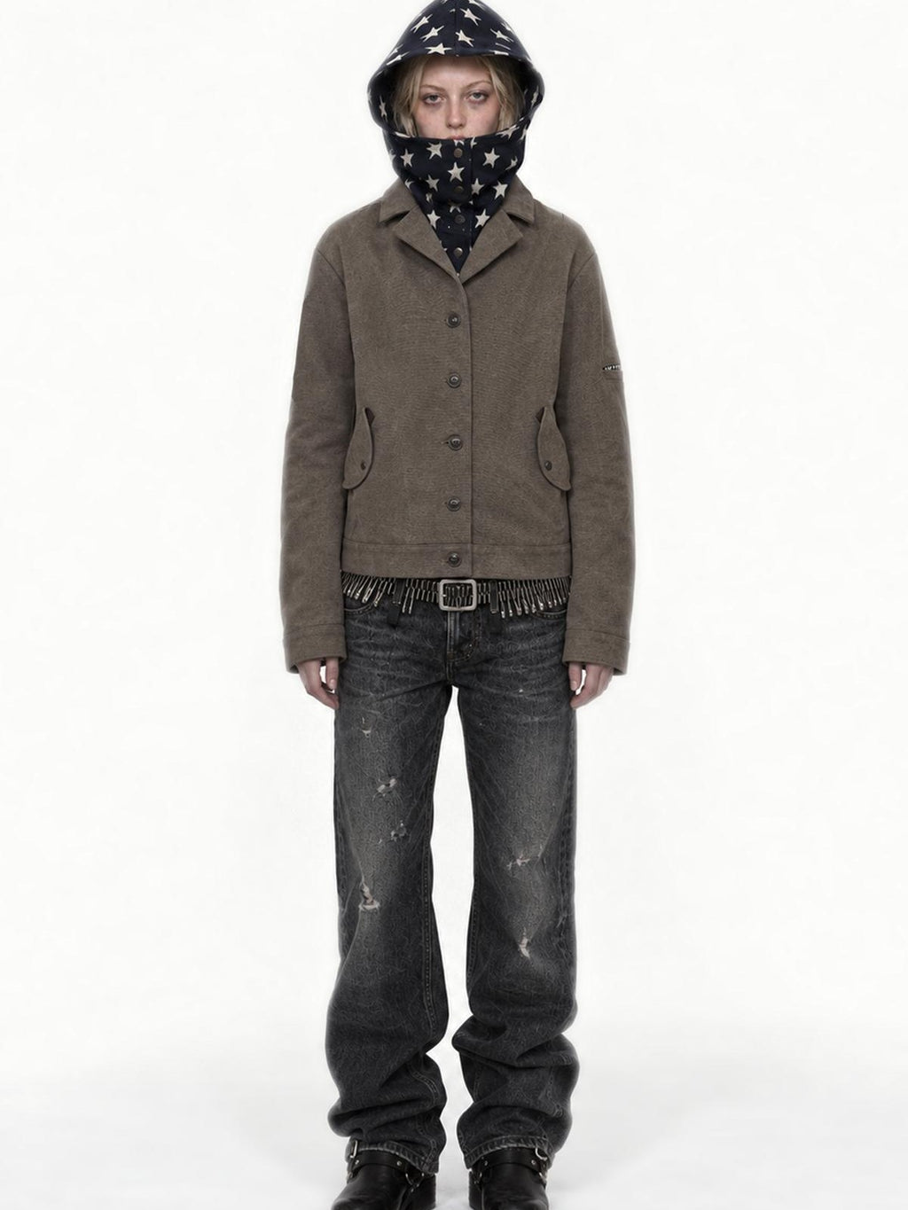 APRIORITY Spliced Star Print Hooded High Neck Women's Canvas Utility Jackets