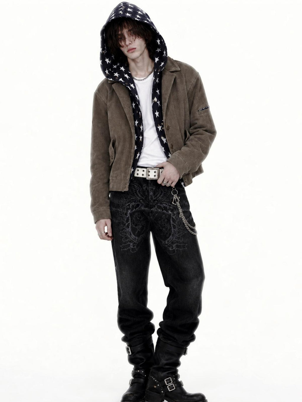 APRIORITY Spliced Star Print Hooded High Neck Women's Canvas Utility Jackets