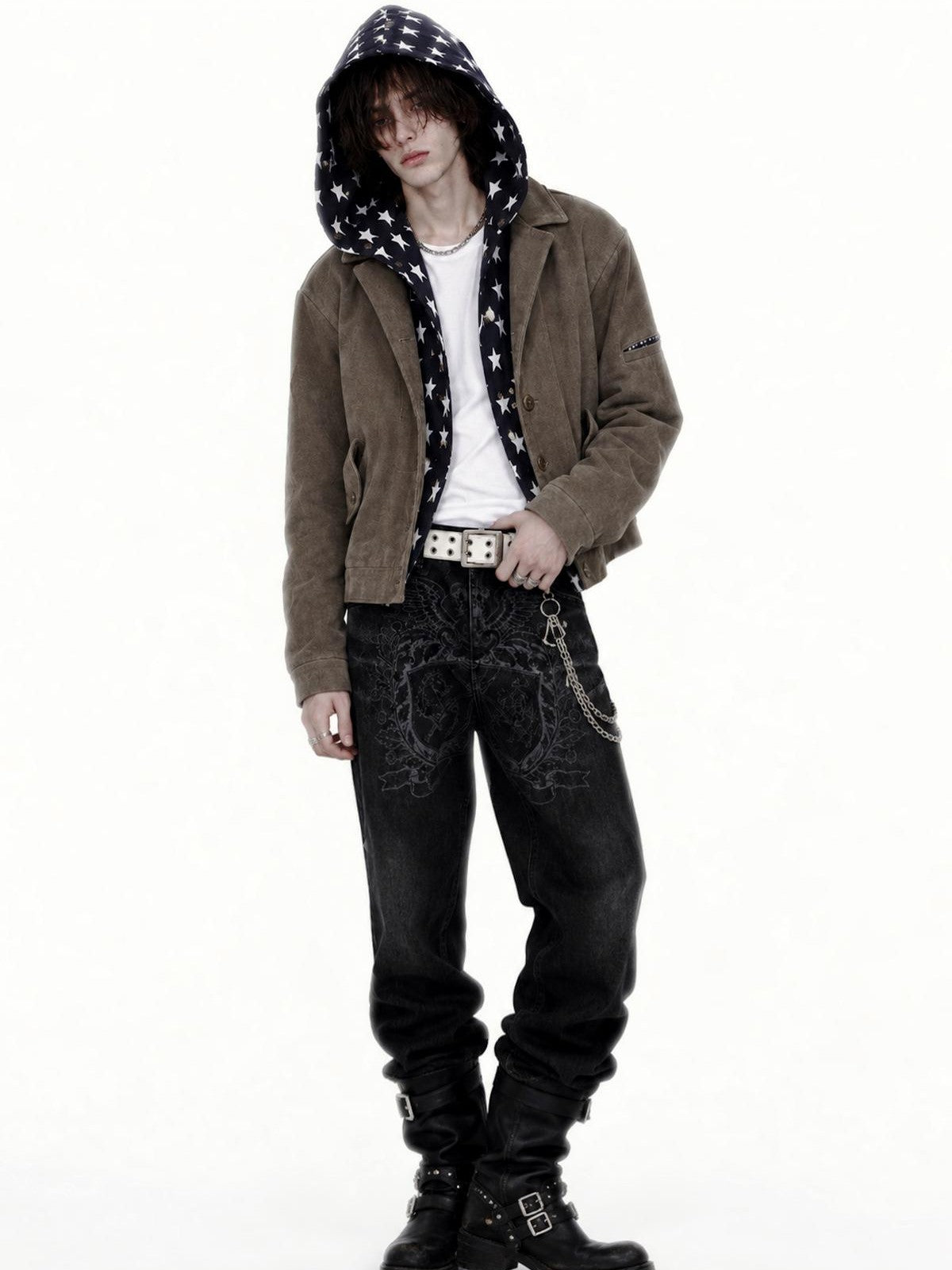 APRIORITY Spliced Star Print Hooded High Neck Women's Canvas Utility Jackets