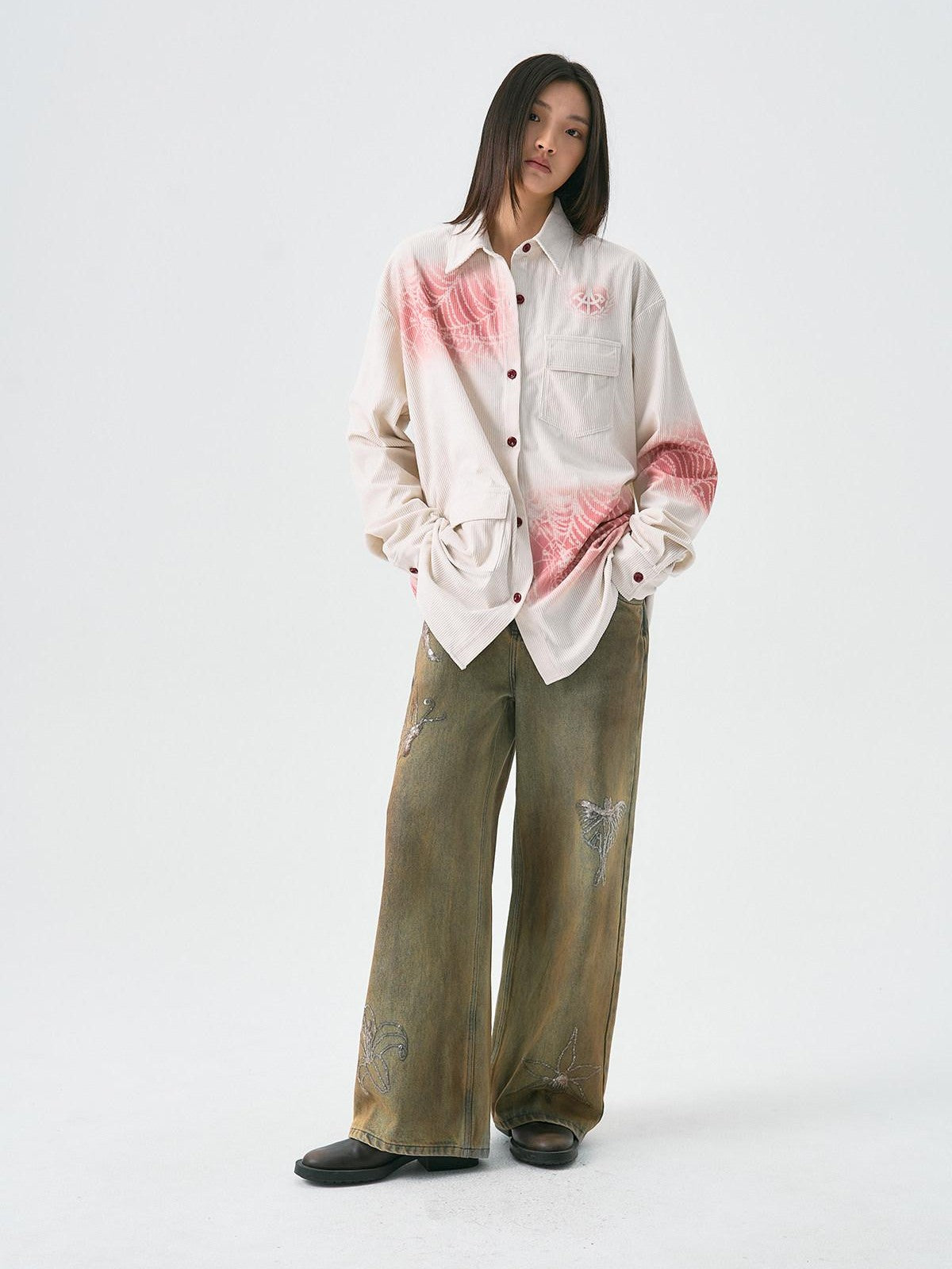 APRIORITY Spray Dyed Corduroy Woven Asymmetric Flap Pocket Women's Polyester Shirts