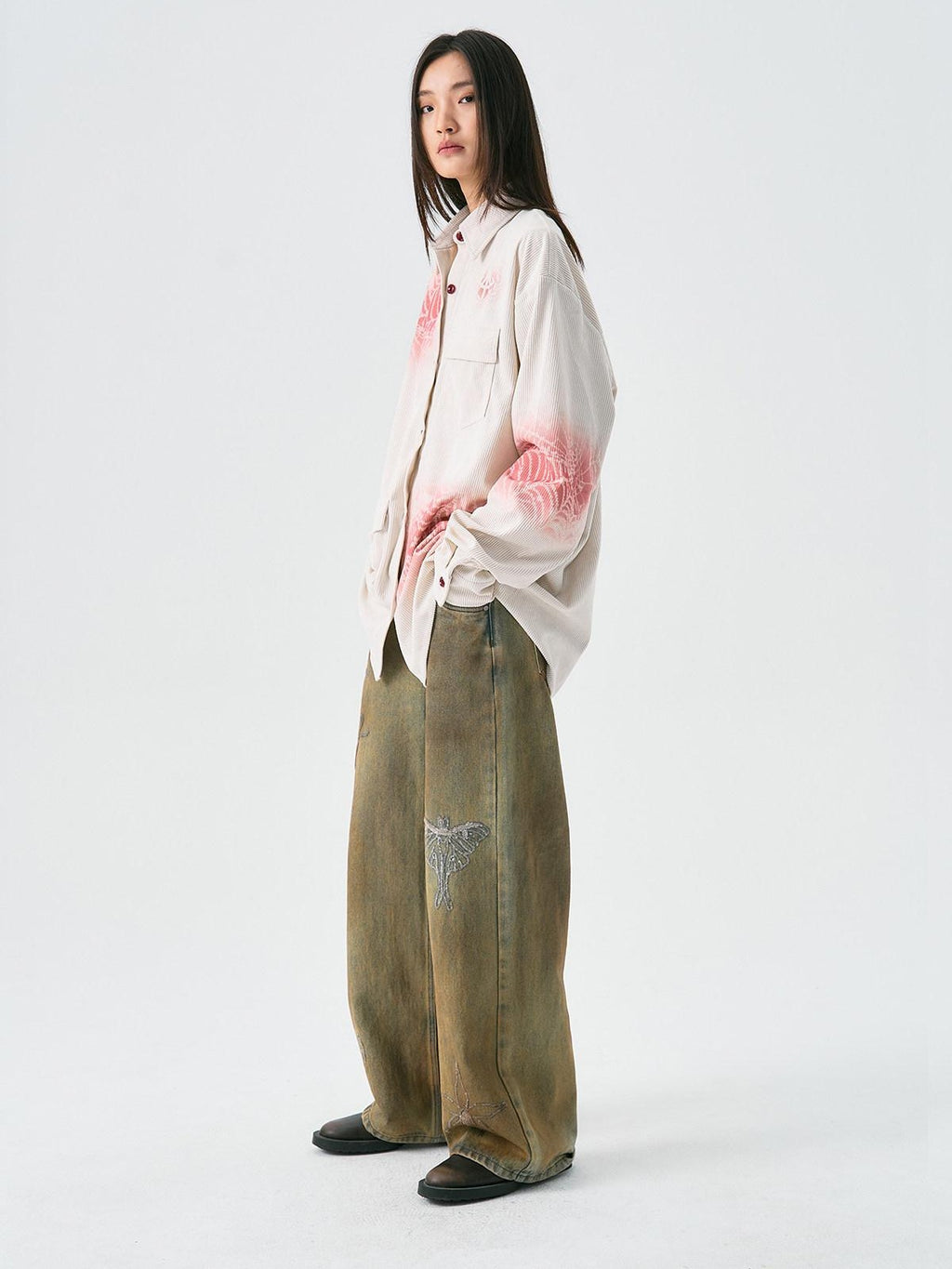 APRIORITY Spray Dyed Corduroy Woven Asymmetric Flap Pocket Women's Polyester Shirts