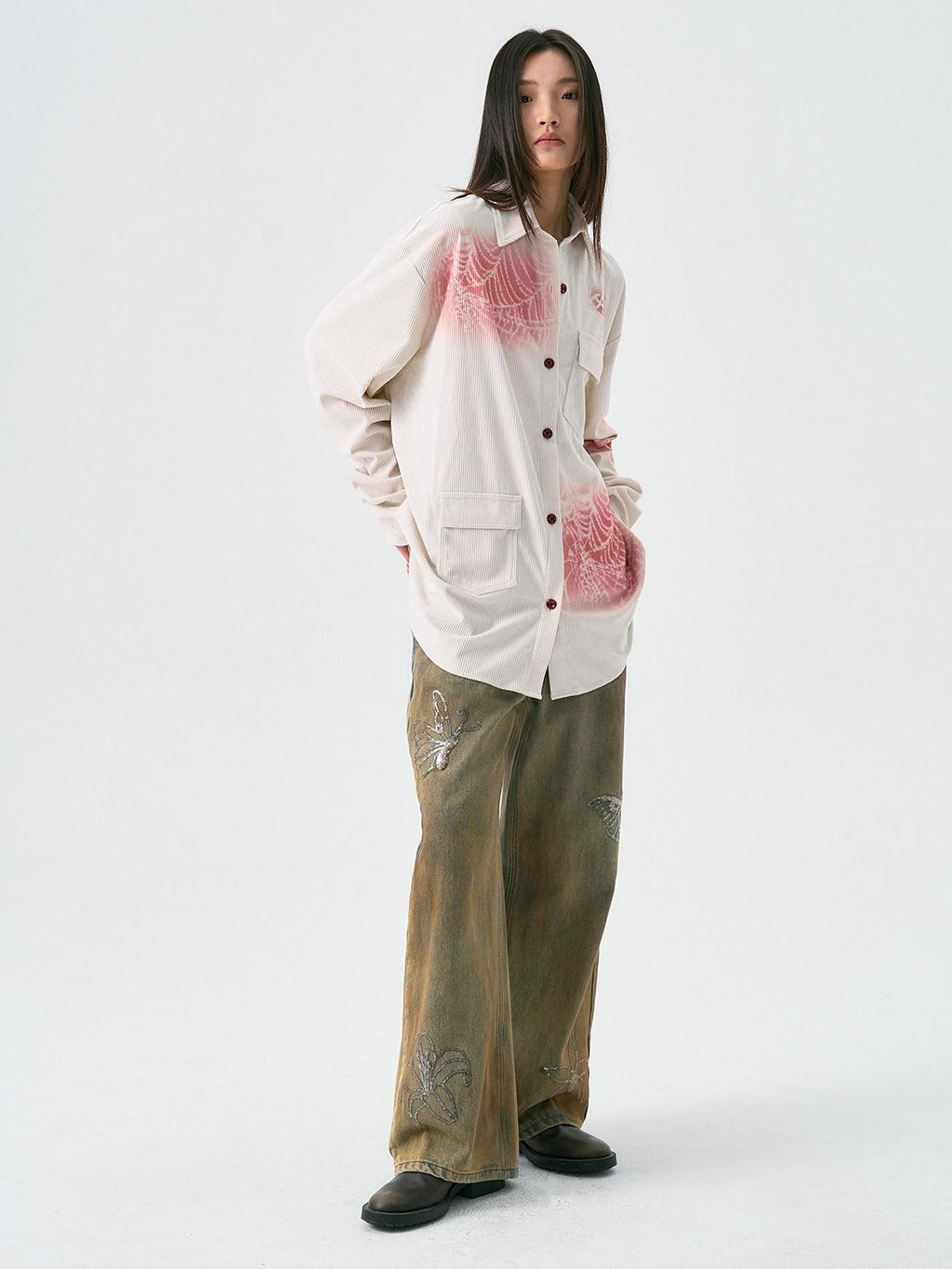 APRIORITY Spray Dyed Corduroy Woven Asymmetric Flap Pocket Women's Polyester Shirts
