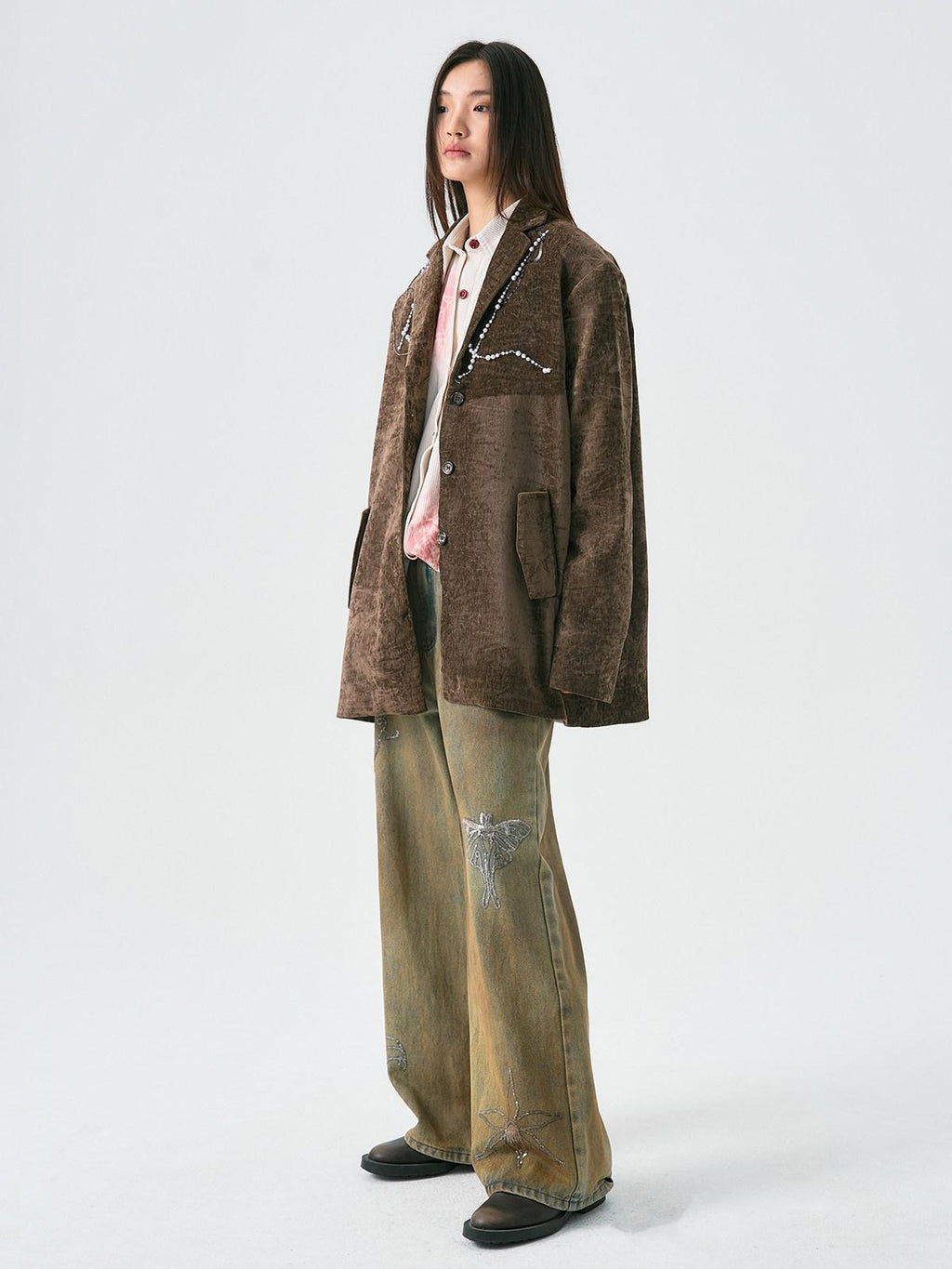 APRIORITY Spray Dyed Corduroy Woven Asymmetric Flap Pocket Women's Polyester Shirts