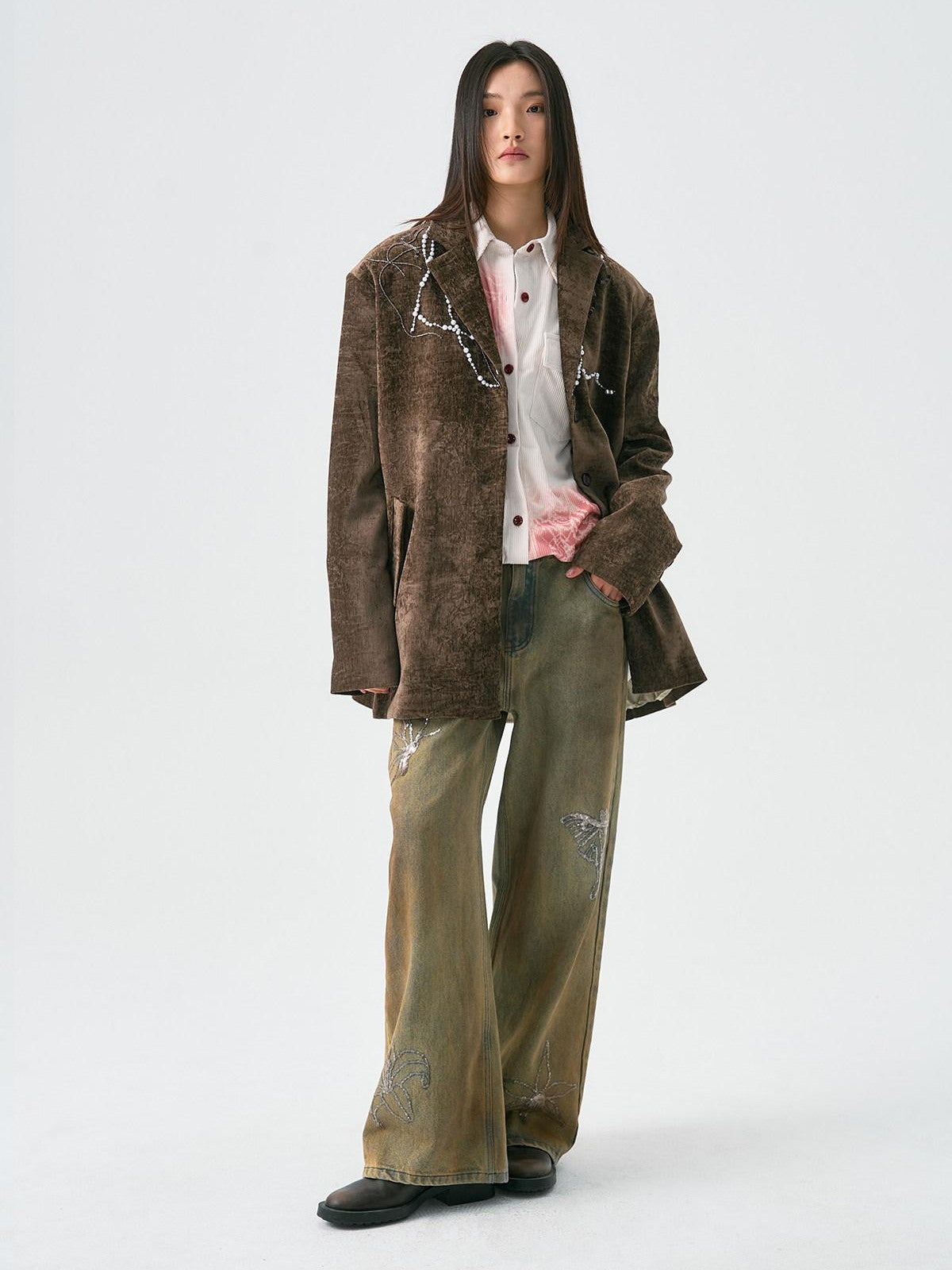 APRIORITY Spray Dyed Corduroy Woven Asymmetric Flap Pocket Women's Polyester Shirts