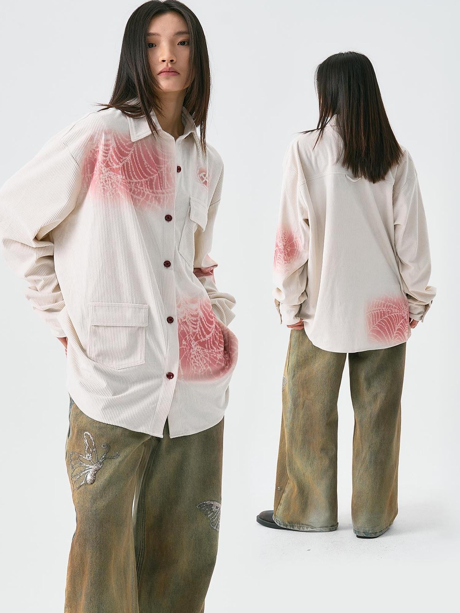 APRIORITY Spray Dyed Corduroy Woven Asymmetric Flap Pocket Women's Polyester Shirts