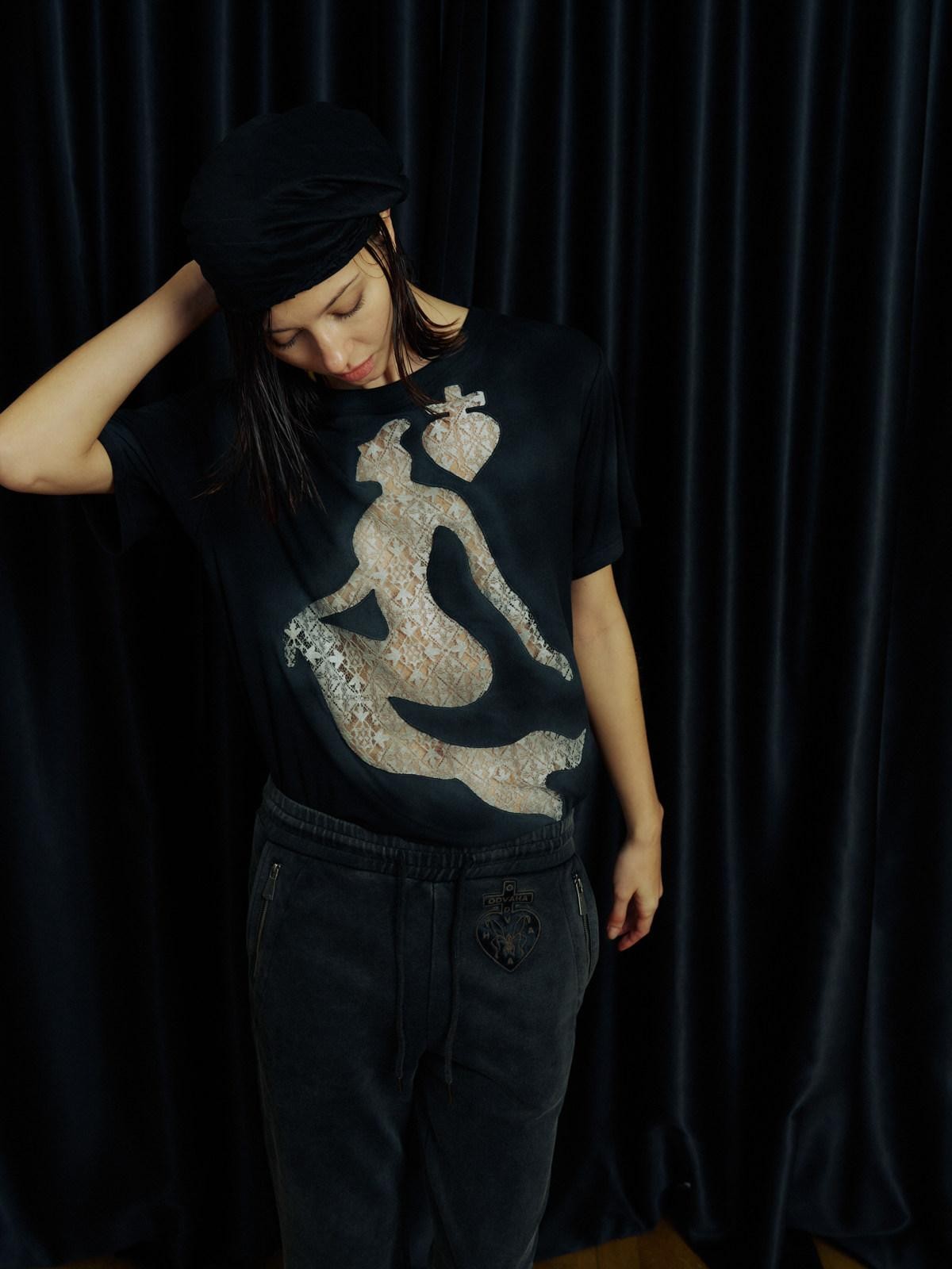 APRIORITY Spray Dyed Mermaid Lace Cutout Spliced Women's Short Sleeve T-shirts