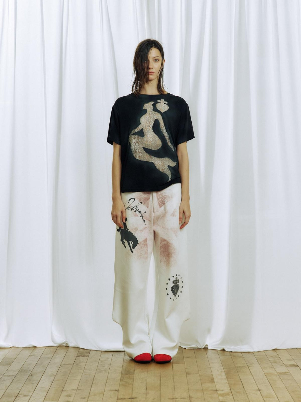 APRIORITY Spray Dyed Mermaid Lace Cutout Spliced Women's Short Sleeve T-shirts
