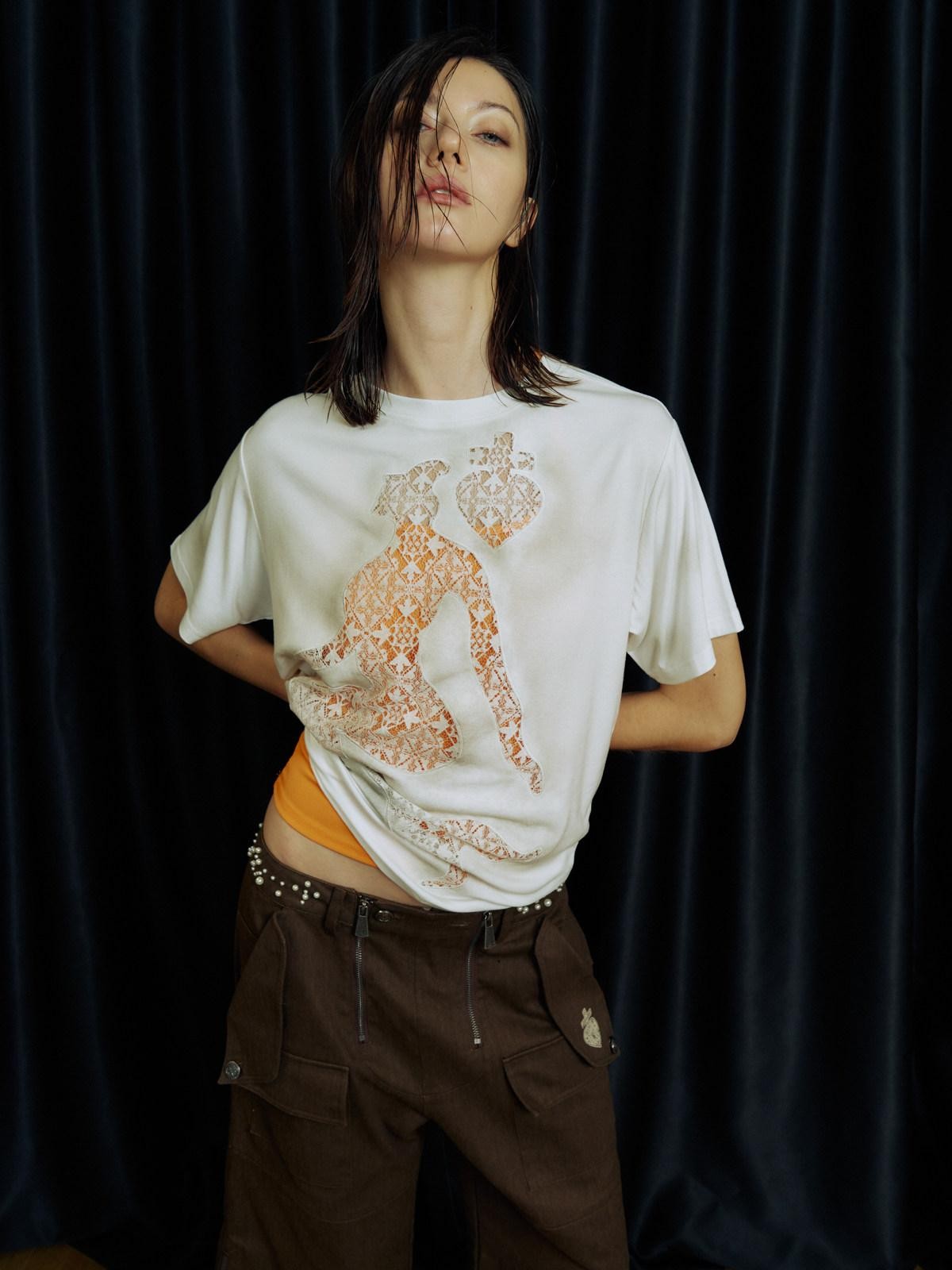 APRIORITY Spray Dyed Mermaid Lace Cutout Spliced Women's Short Sleeve T-shirts