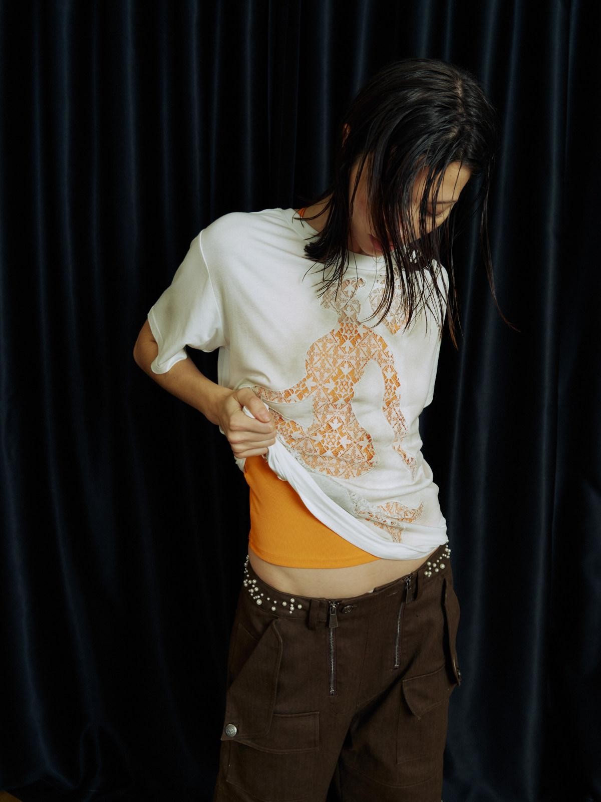 APRIORITY Spray Dyed Mermaid Lace Cutout Spliced Women's Short Sleeve T-shirts