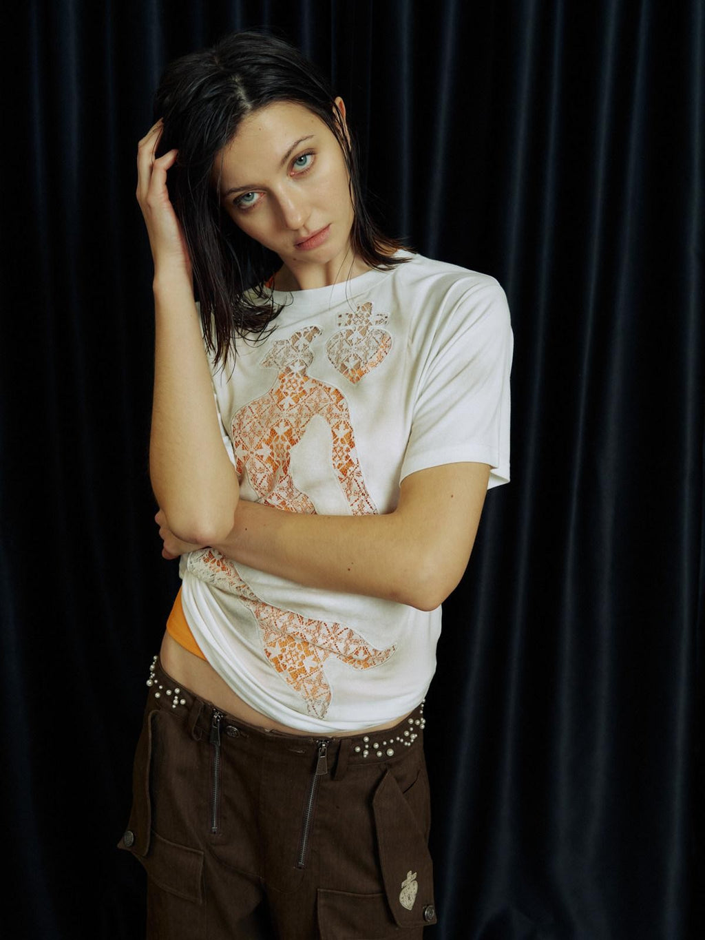 APRIORITY Spray Dyed Mermaid Lace Cutout Spliced Women's Short Sleeve T-shirts