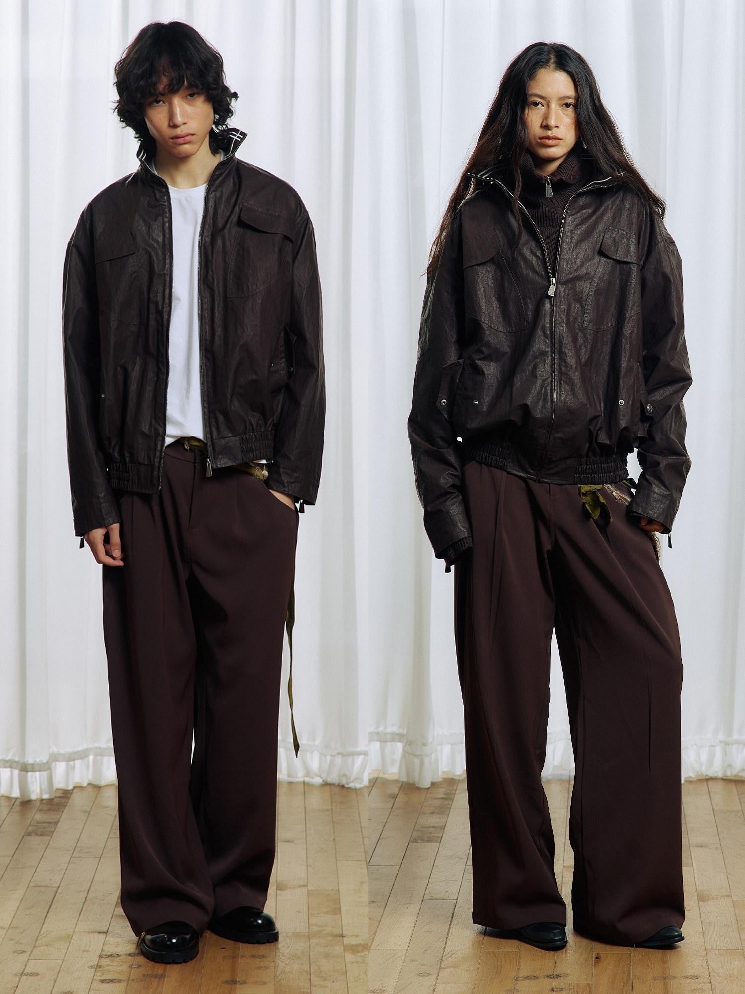 APRIORITY Stand Collar Waxed Stowable Hood Striped Embroidery Women's Leather Jackets