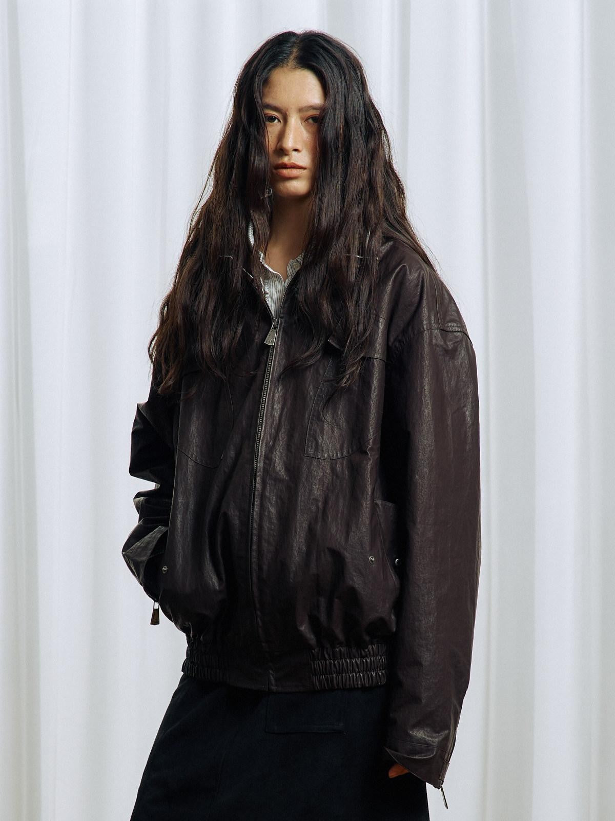 APRIORITY Stand Collar Waxed Stowable Hood Striped Embroidery Women's Leather Jackets