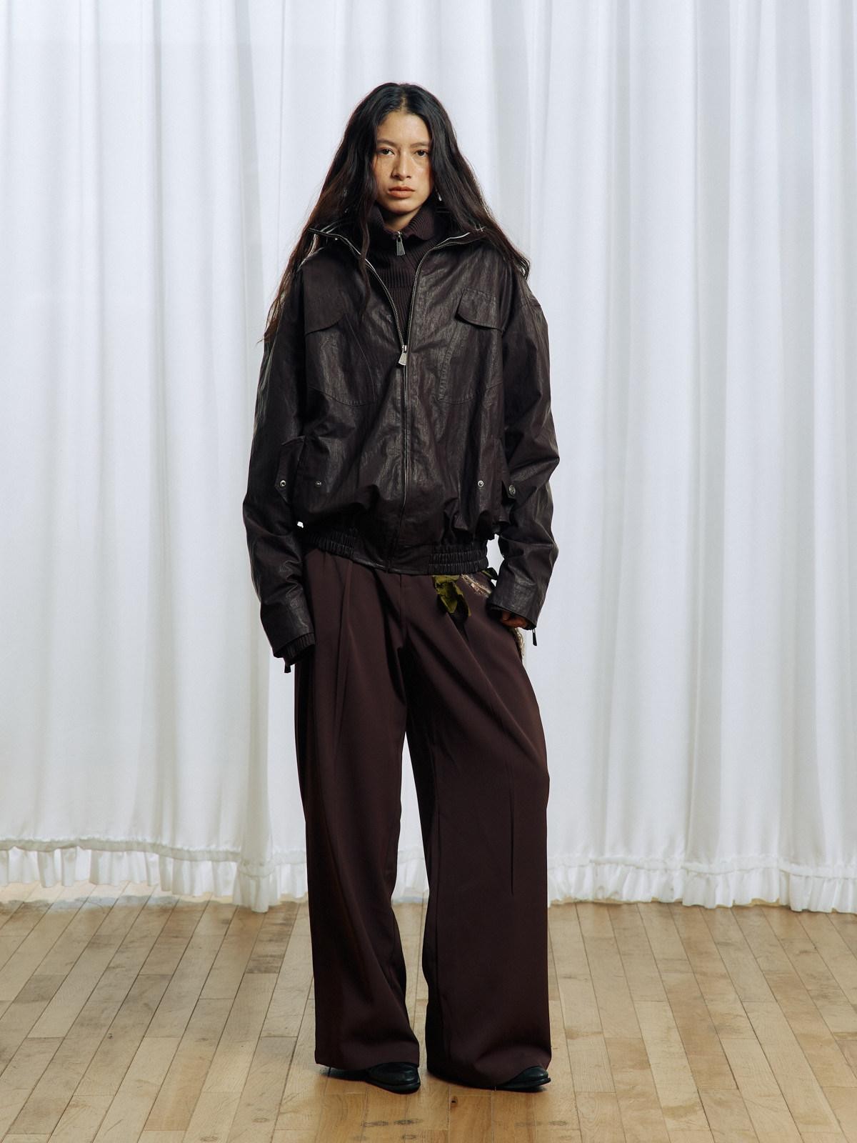 APRIORITY Stand Collar Waxed Stowable Hood Striped Embroidery Women's Leather Jackets