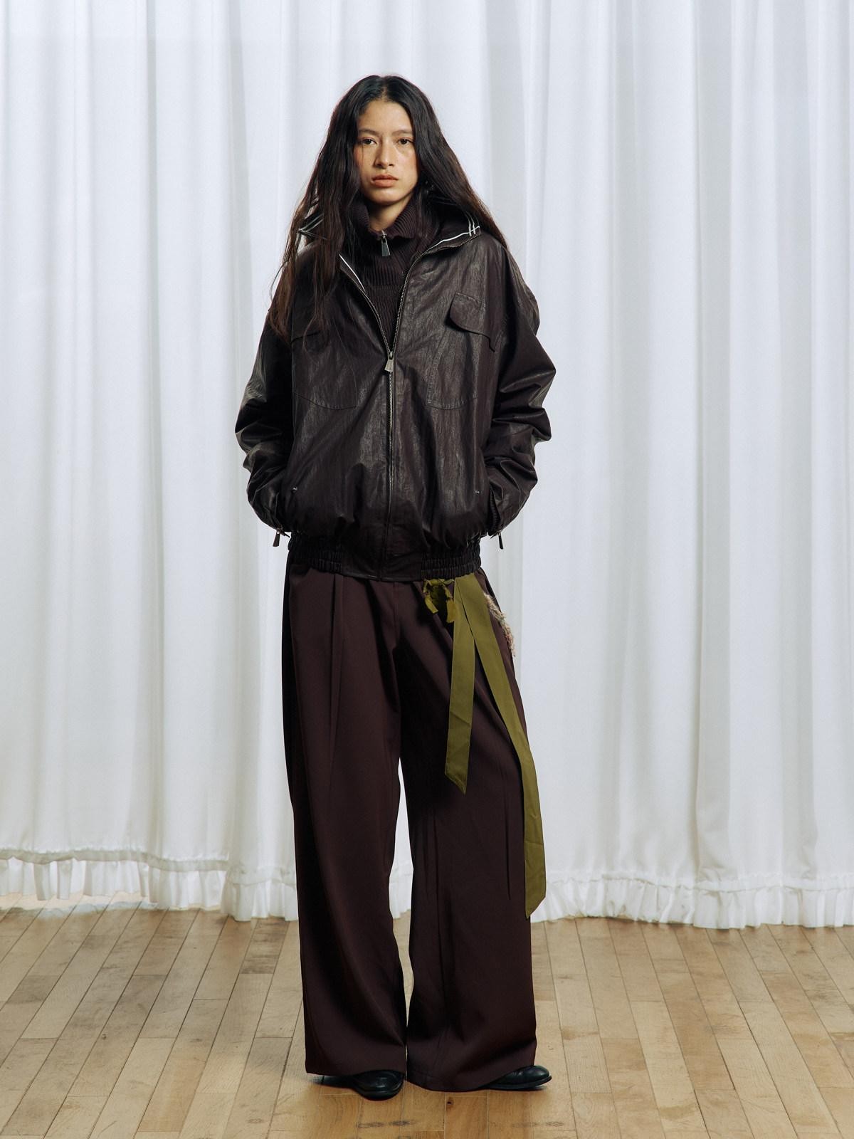 APRIORITY Stand Collar Waxed Stowable Hood Striped Embroidery Women's Leather Jackets