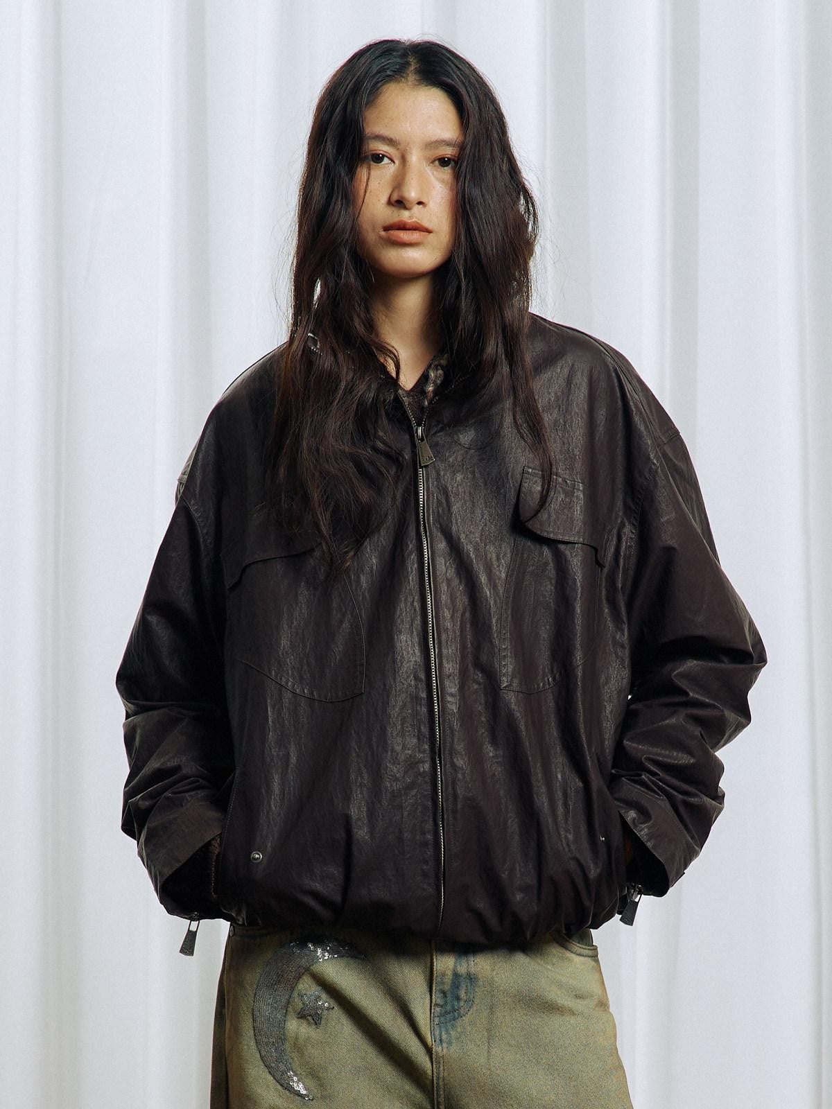 APRIORITY Stand Collar Waxed Stowable Hood Striped Embroidery Women's Leather Jackets
