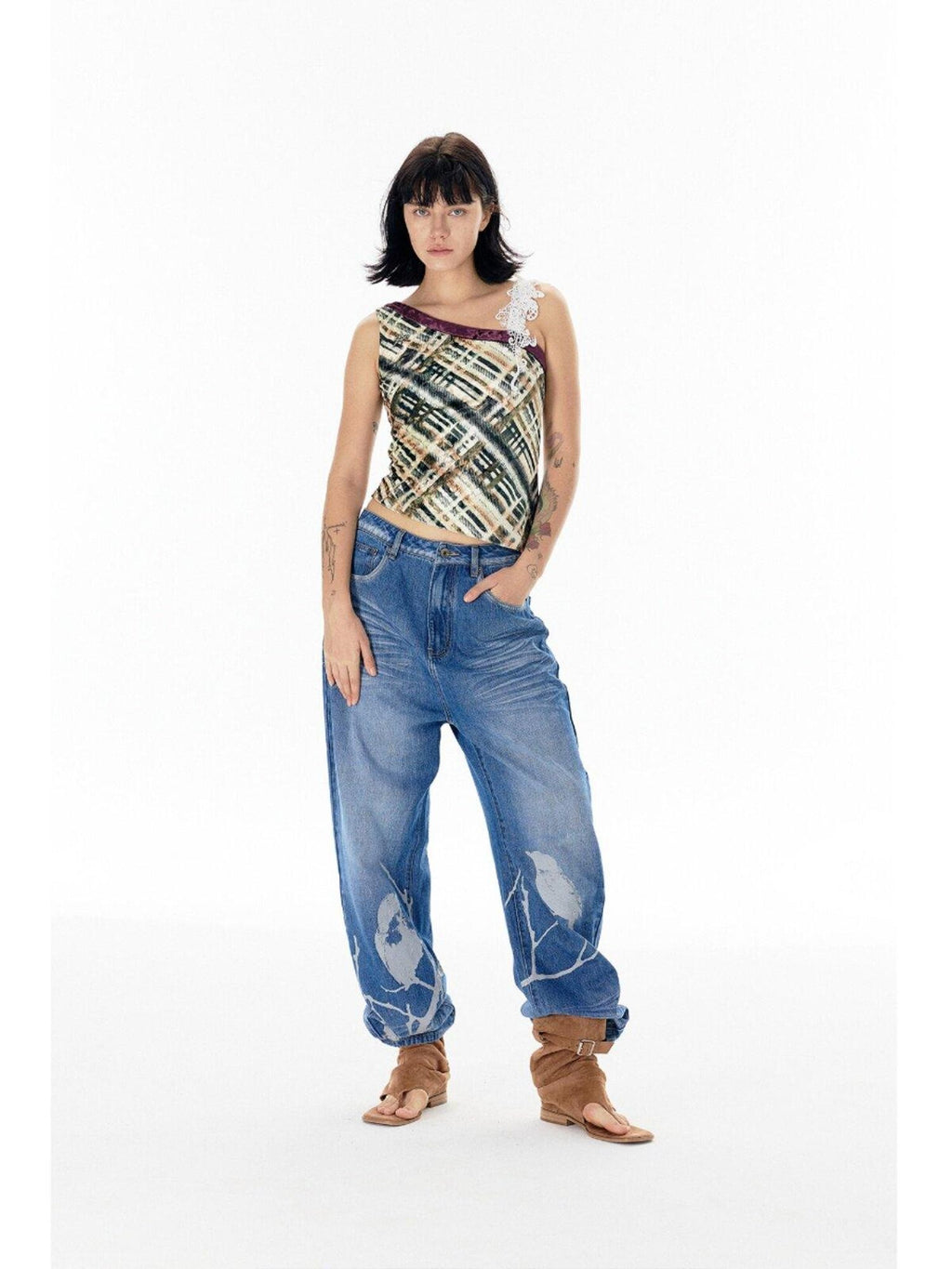 APRIORITY Striped Applique Embroidery Lace Velvet Slim Women's Polyester Blend Tank Tops