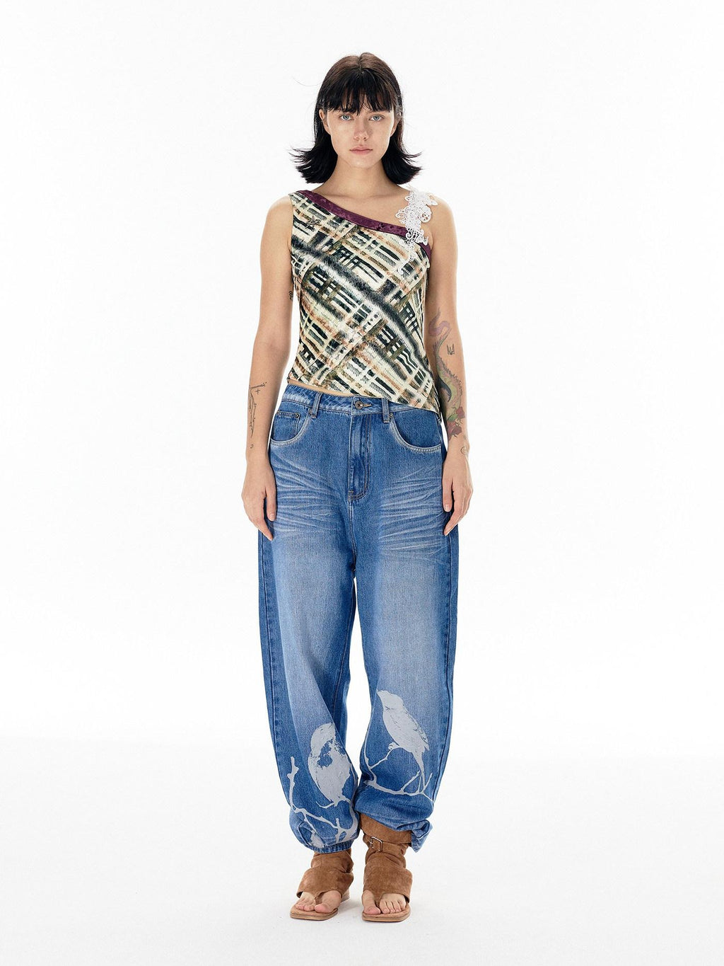 APRIORITY Striped Applique Embroidery Lace Velvet Slim Women's Polyester Blend Tank Tops