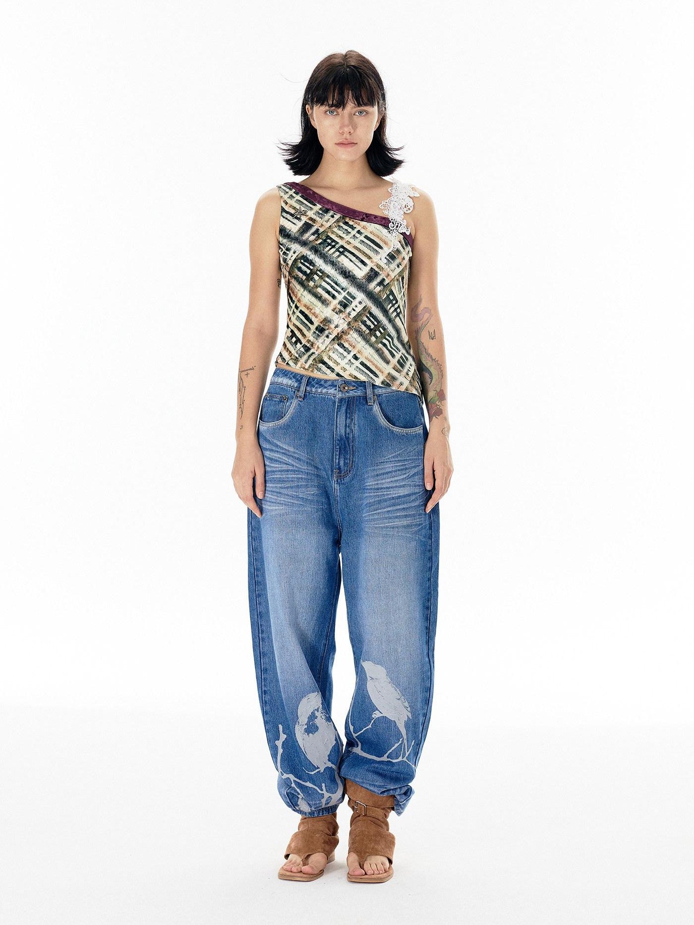 APRIORITY Striped Applique Embroidery Lace Velvet Slim Women's Polyester Blend Tank Tops