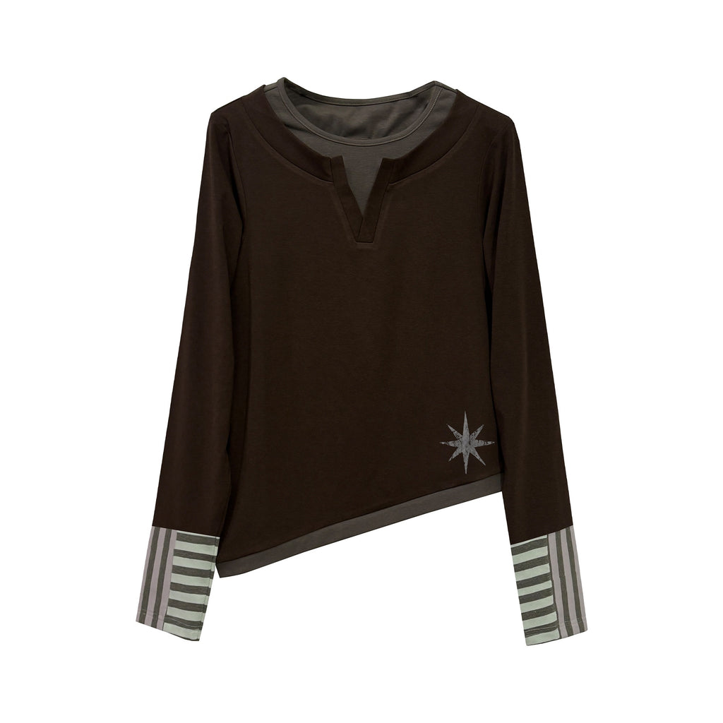 APRIORITY_Striped_Cuff_Print_Asymmetric_Hem_Women's_Long_Sleeve_T-shirts_1084905024335_MISSTT