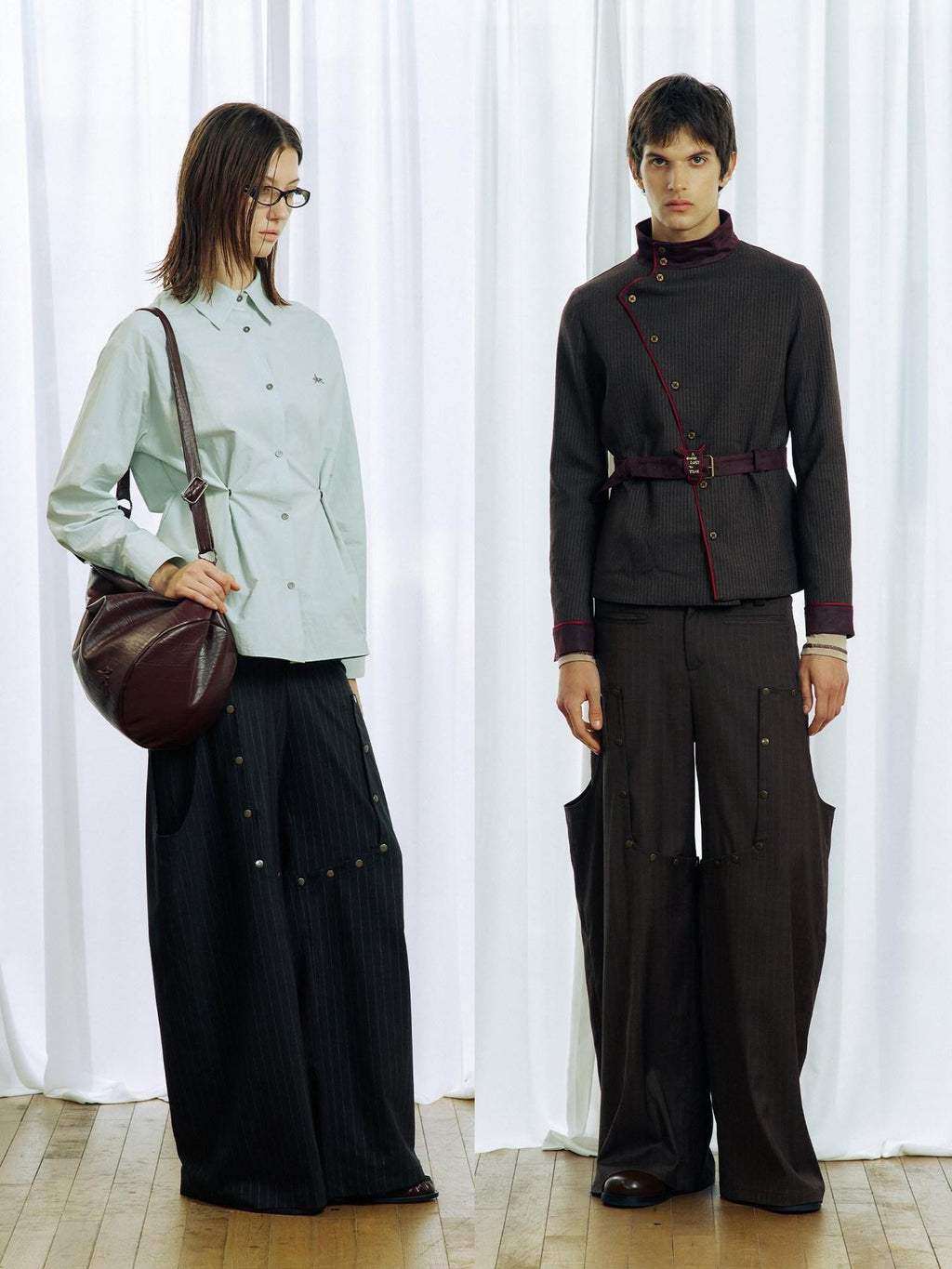 APRIORITY Striped Detachable Metal Buckle Zipper Women's Polyester Wide-leg Pants
