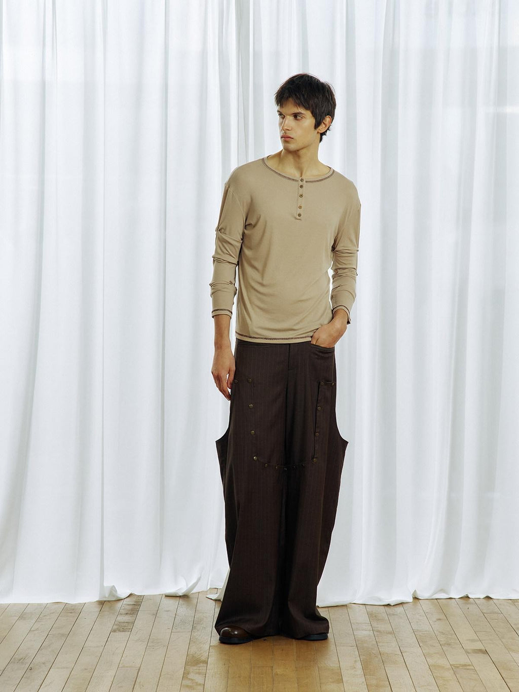 APRIORITY Striped Detachable Metal Buckle Zipper Women's Polyester Wide-leg Pants