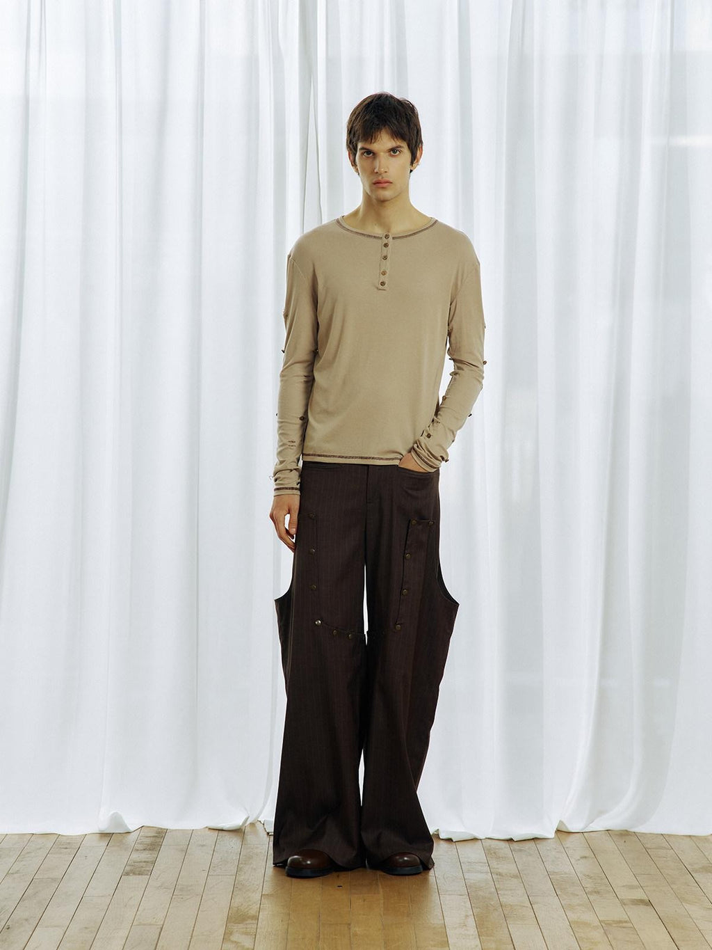 APRIORITY Striped Detachable Metal Buckle Zipper Women's Polyester Wide-leg Pants