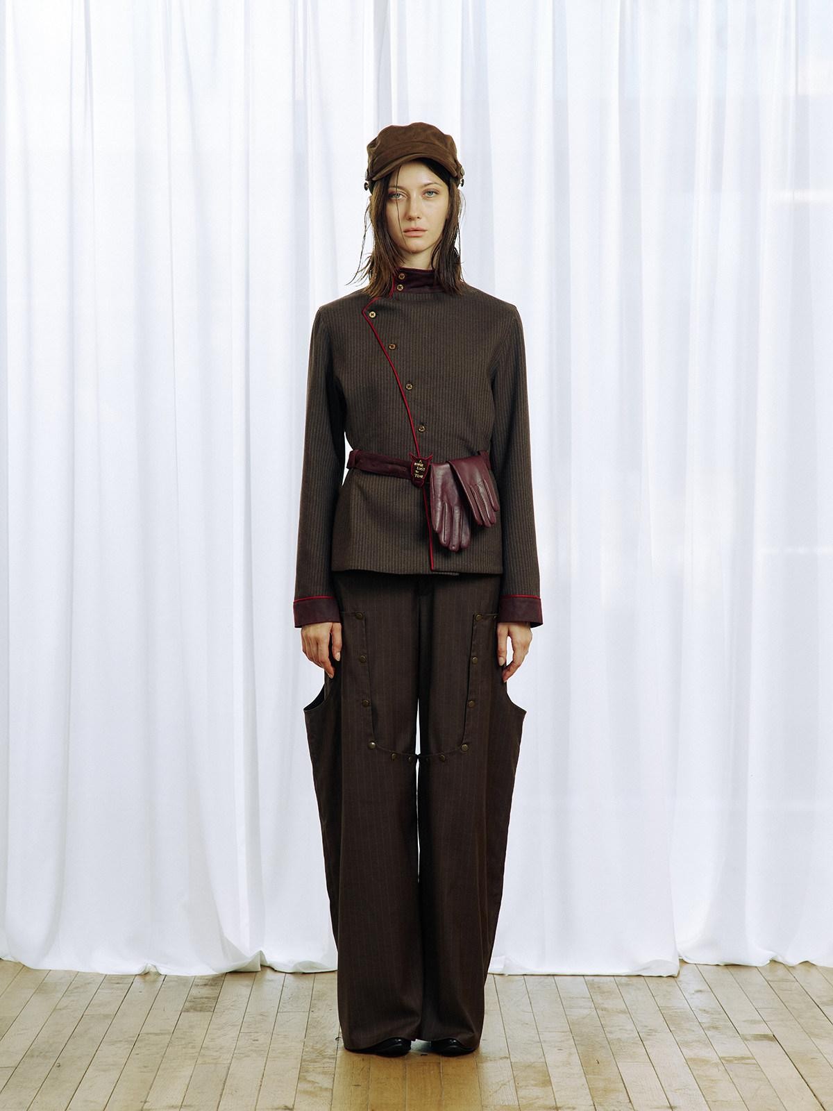 APRIORITY Striped Detachable Metal Buckle Zipper Women's Polyester Wide-leg Pants
