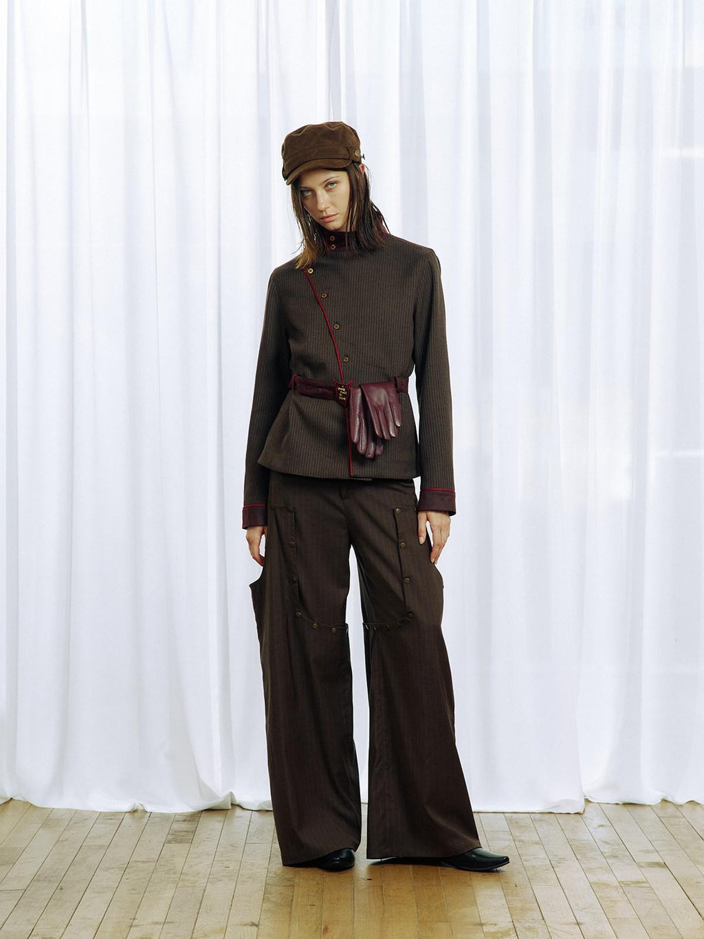 APRIORITY Striped Detachable Metal Buckle Zipper Women's Polyester Wide-leg Pants